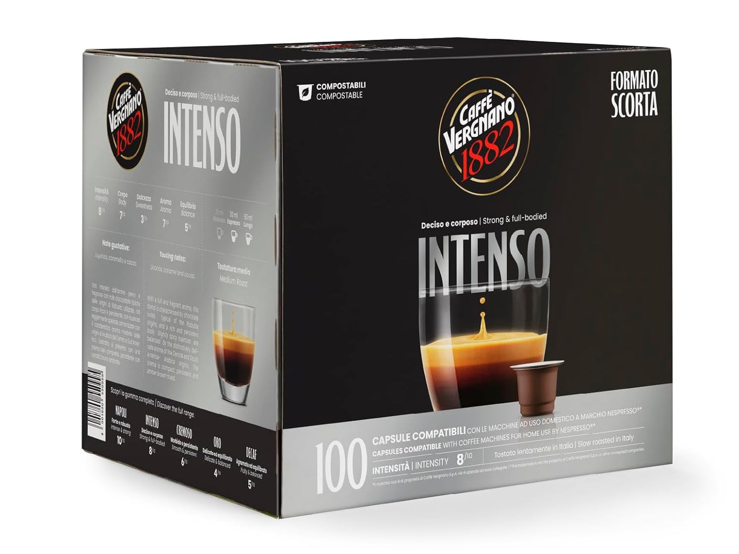 Caffè Vergnano 1882 - Èspresso Kompostierbare Kaffeekapseln, kompatybilna z Nespresso, Intenso (Intenso) - Packung Enthält 100 Kapseln