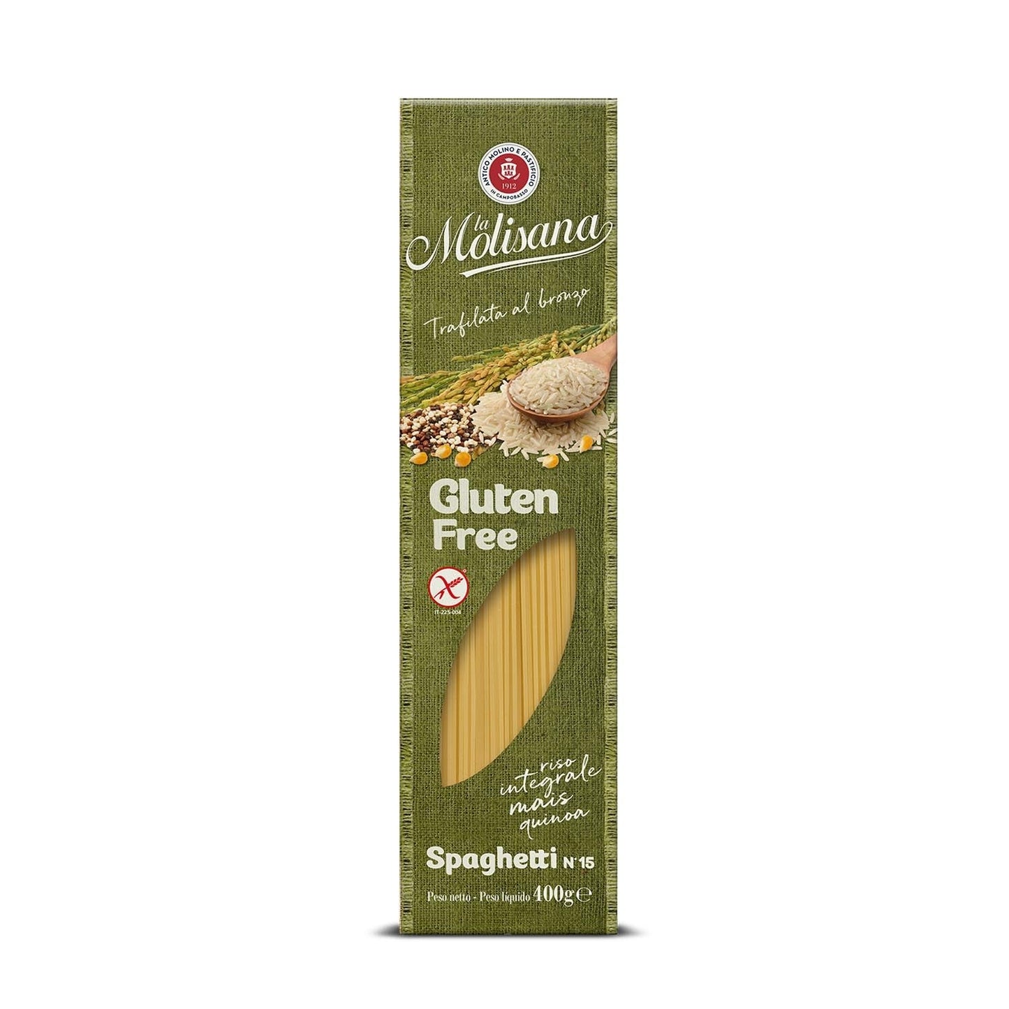Spaghetti nr. 15 bezglutenowy, bezglutenowy makaron - Makaron opalany na brązowo z całym ryżem, kukurydzą i komosą ryżową - opakowanie 400 g