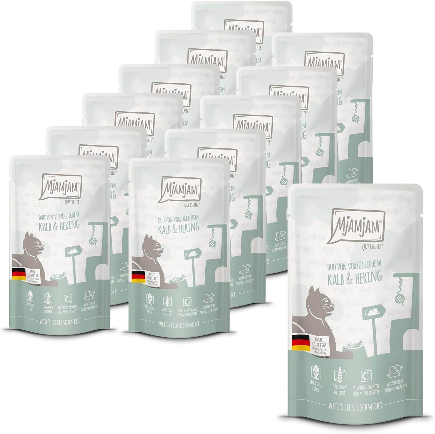 MjAMjAM - Mokra karma dla kotów Premium - Wyciskana torebka - DUO z rafinowaną cielęciną i śledziem, opakowanie 12 szt. (12 x 125g), bez zbóż