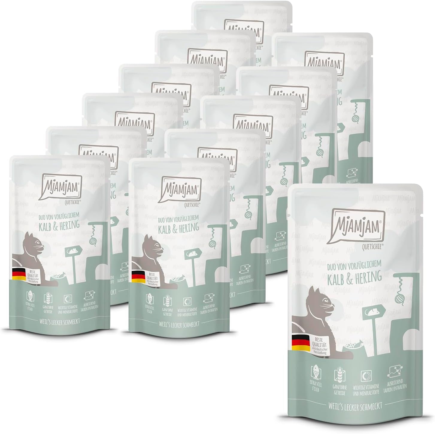 MjAMjAM - Mokra karma dla kotów Premium - Wyciskana torebka - DUO z rafinowaną cielęciną i śledziem, opakowanie 12 szt. (12 x 125g), bez zbóż