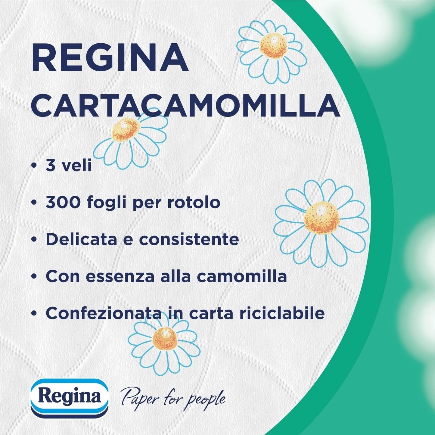 Regina Cartacamomilla - 8 rolek papieru toaletowego, 300 puszystych arkuszy, 3 warstwy, miękkie i mocne, opakowanie papierowe nadające się do recyklingu