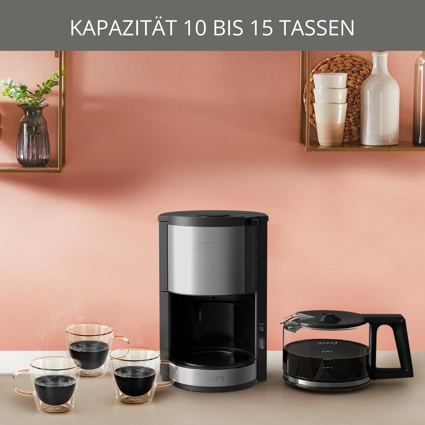 Ekspres do kawy Krups KM3210 Pro Aroma Plus, 10 filiżanek, 1,25 l, utrzymywanie ciepła przez 30 minut, widoczne okienko poziomu wody, system zapobiegający kapaniu, czarny z aplikacjami ze stali nierdzewnej