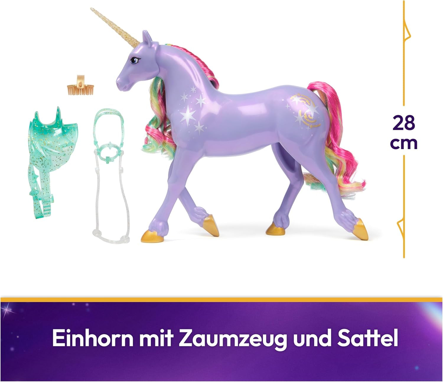 Wildstar Unicorn od Unicorn Academy - oryginalny jednorożec Sophia o wysokości 28 cm z serii Netflix z prawdziwą grzywą i ogonem, zdejmowaną uzdą, siodłem i szczotką, dla dzieci w wieku od 4 lat