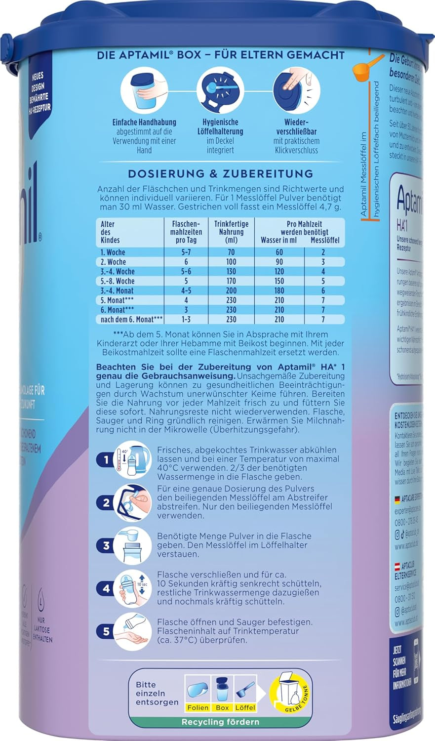 Aptamil HA 1 - Mieszanka dla niemowląt od urodzenia, z DHA, bez laktozy, bez oleju palmowego, żywność dla niemowląt, mleko w proszku, 1 x 800 g