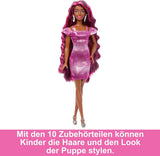 Zabawna stylowa lalka Barbie z bardzo długimi kolorowymi czarnymi włosami i błyszczącą różową sukienką 10 fryzur i modnych dodatków JDC86