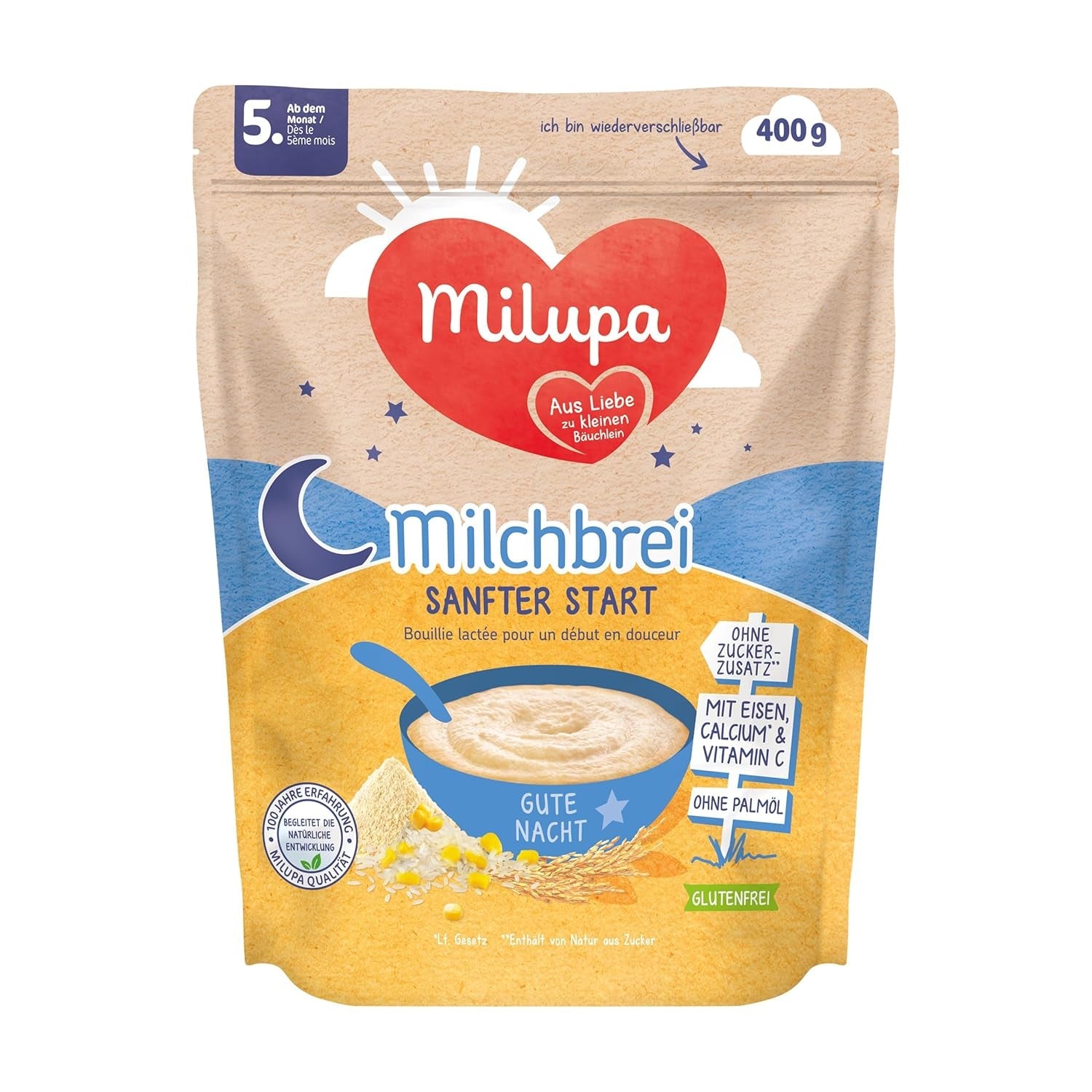 Kaszka mleczna Milupa Gentle Start - Płatki dla niemowląt bez glutenu, bez oleju palmowego - Bez konserwantów i barwników - Od 5 miesiąca - 4 x 400 g