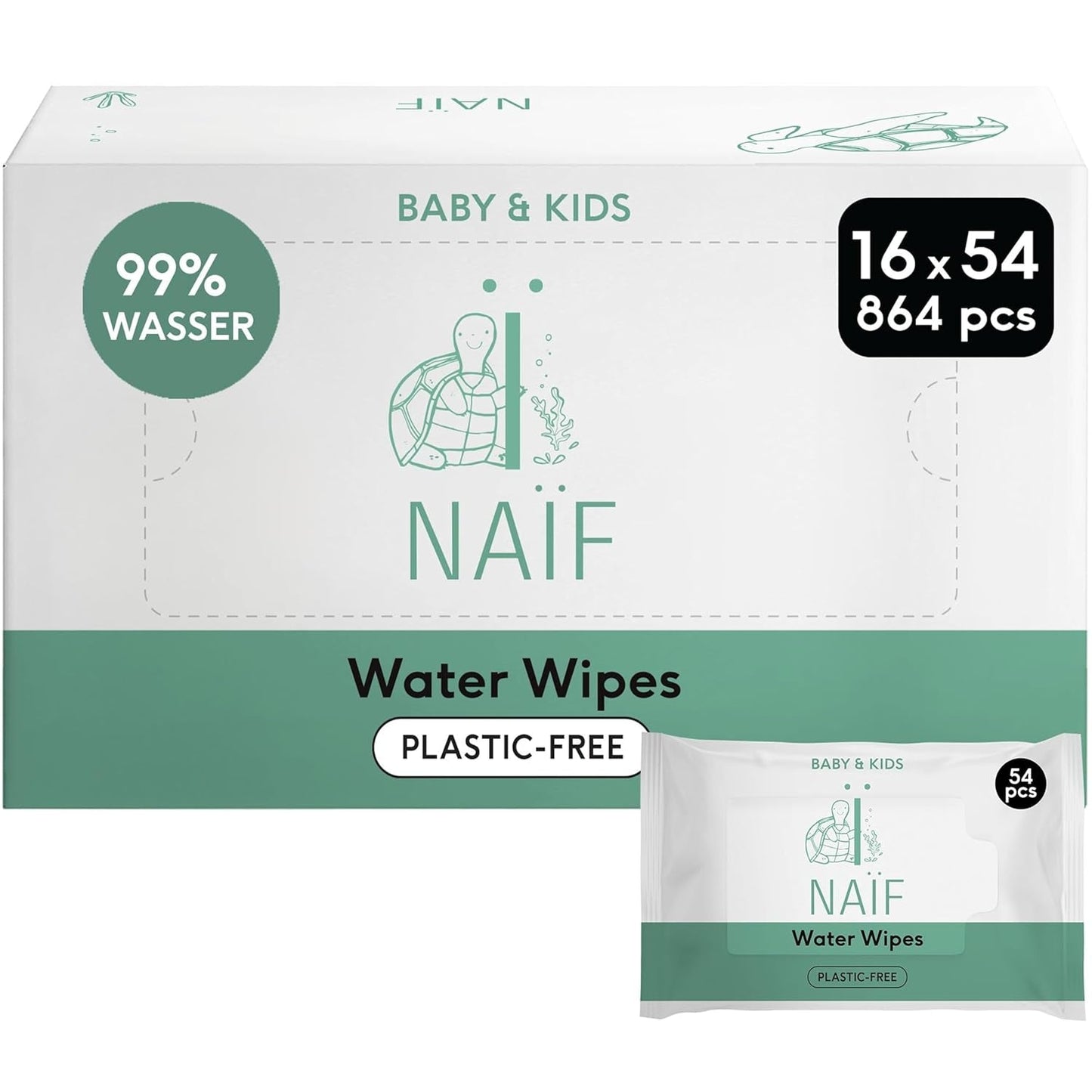 Naïf - Chusteczki nawilżane bez plastiku - 864 sztuki (16 opakowań po 54 chusteczki) - Pielęgnacja pupy, ciała i twarzy dziecka - 99% wody - 0% perfum i alkoholu