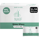 Naïf - Chusteczki nawilżane bez plastiku - 864 sztuki (16 opakowań po 54 chusteczki) - Pielęgnacja pupy, ciała i twarzy dziecka - 99% wody - 0% perfum i alkoholu