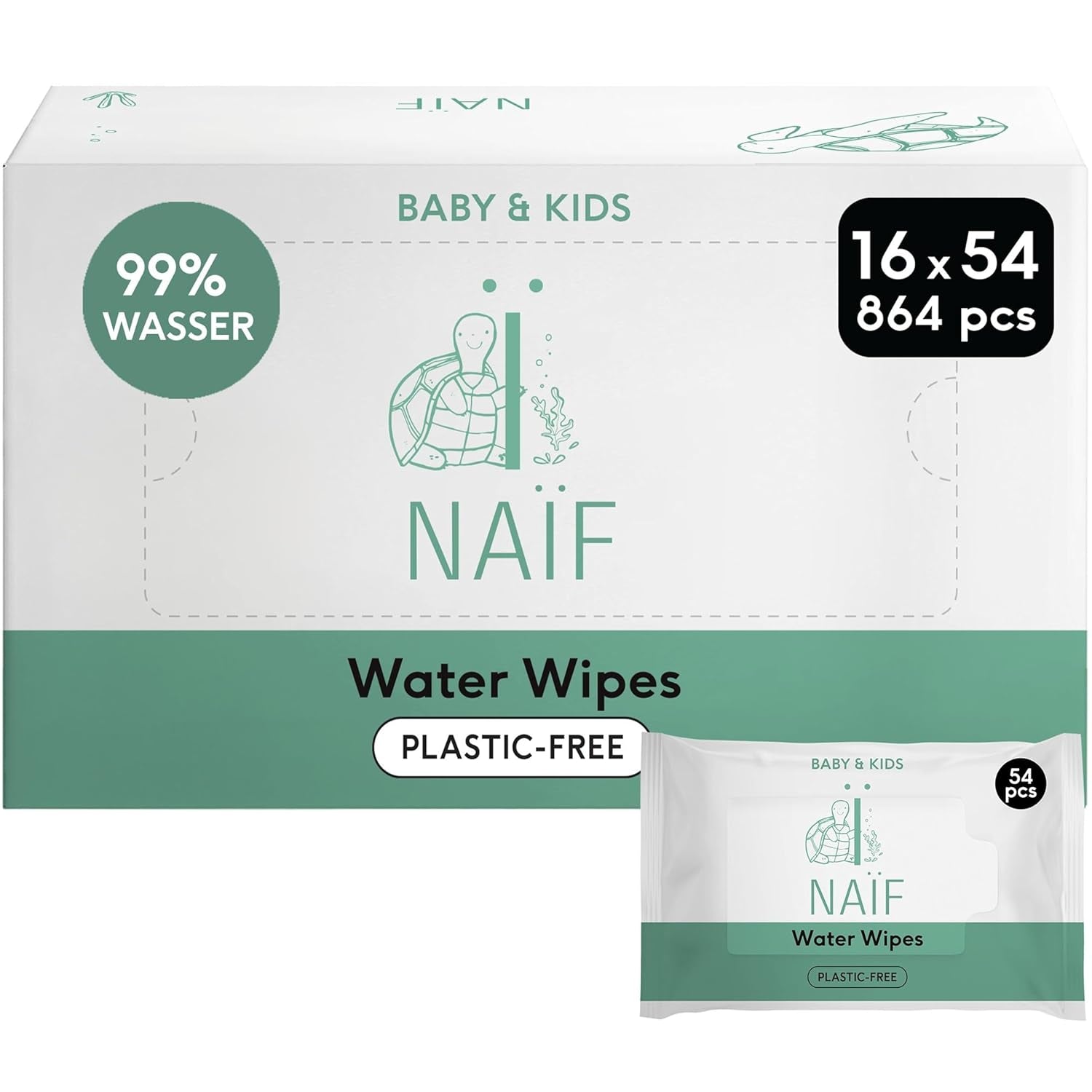 Naïf - Chusteczki nawilżane bez plastiku - 864 sztuki (16 opakowań po 54 chusteczki) - Pielęgnacja pupy, ciała i twarzy dziecka - 99% wody - 0% perfum i alkoholu
