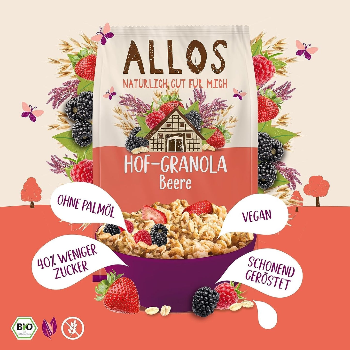 Allos Hof Granola z jagodami | Organiczne musli | Musli z jagodami | Chrupiące musli | Płatki śniadaniowe | Opakowanie 6 sztuk (6 x 300g), 1 sztuka (opakowanie 6 sztuk)
