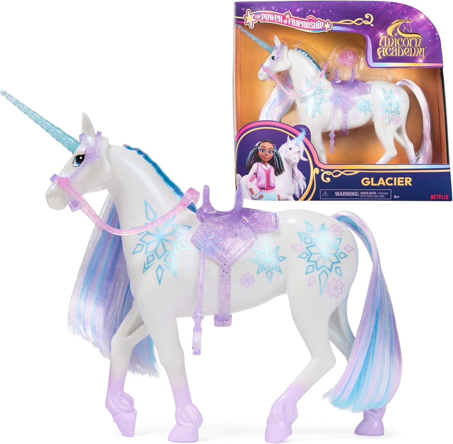 Lodowiec Unicorn Academy Unicorn — 28 cm wzrostu, oryginalny jednorożec Layla's Netflix z prawdziwą grzywą i ogonem, zdejmowaną uzdą, siodłem i szczotką, dla dzieci w wieku od 4 lat