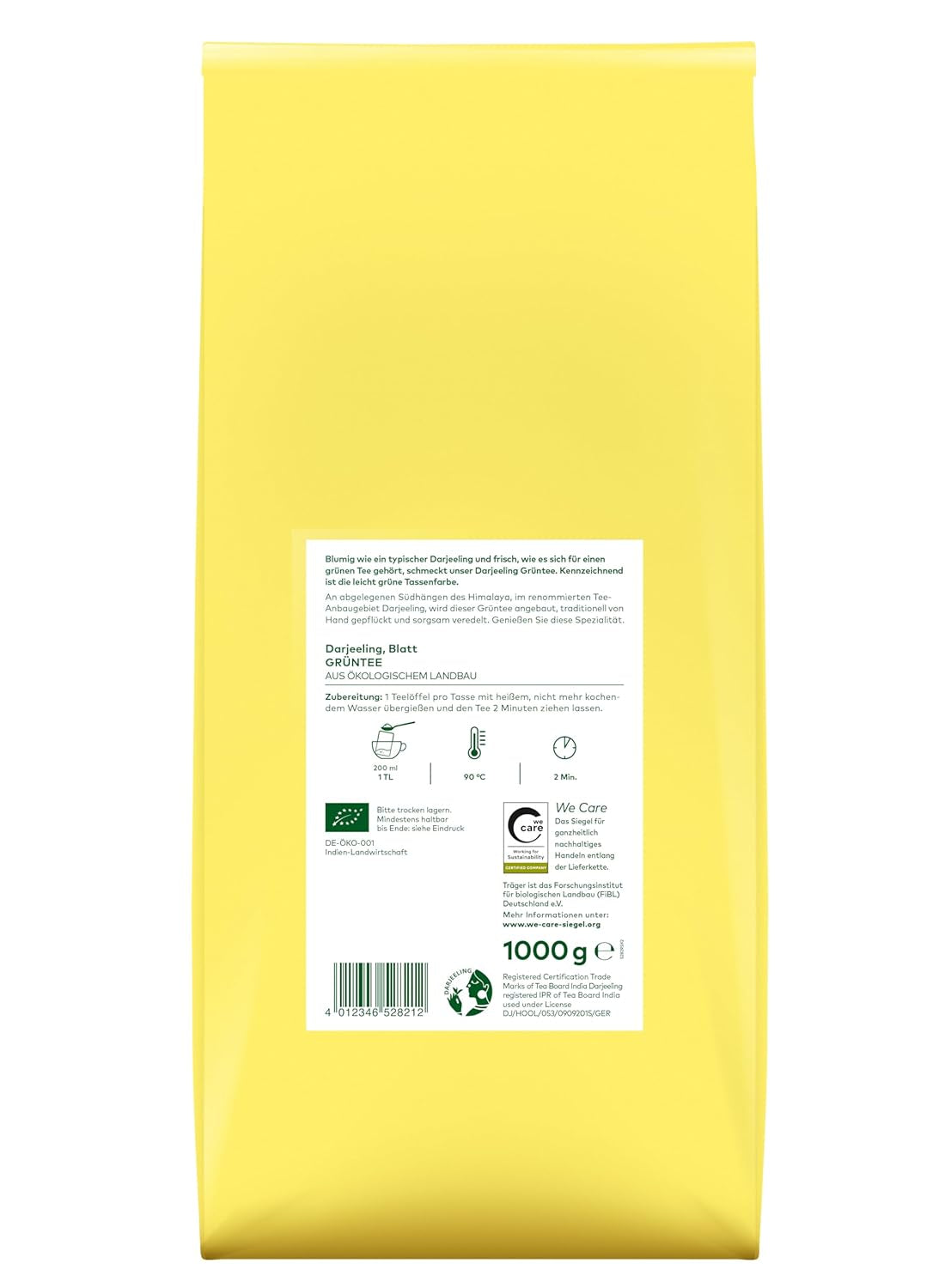 Lebensbaum Darjeeling Zielona herbata z całych liści, herbata organiczna, zielona herbata o smaku świeżych kwiatów, jasnozielony kolor, 1000g