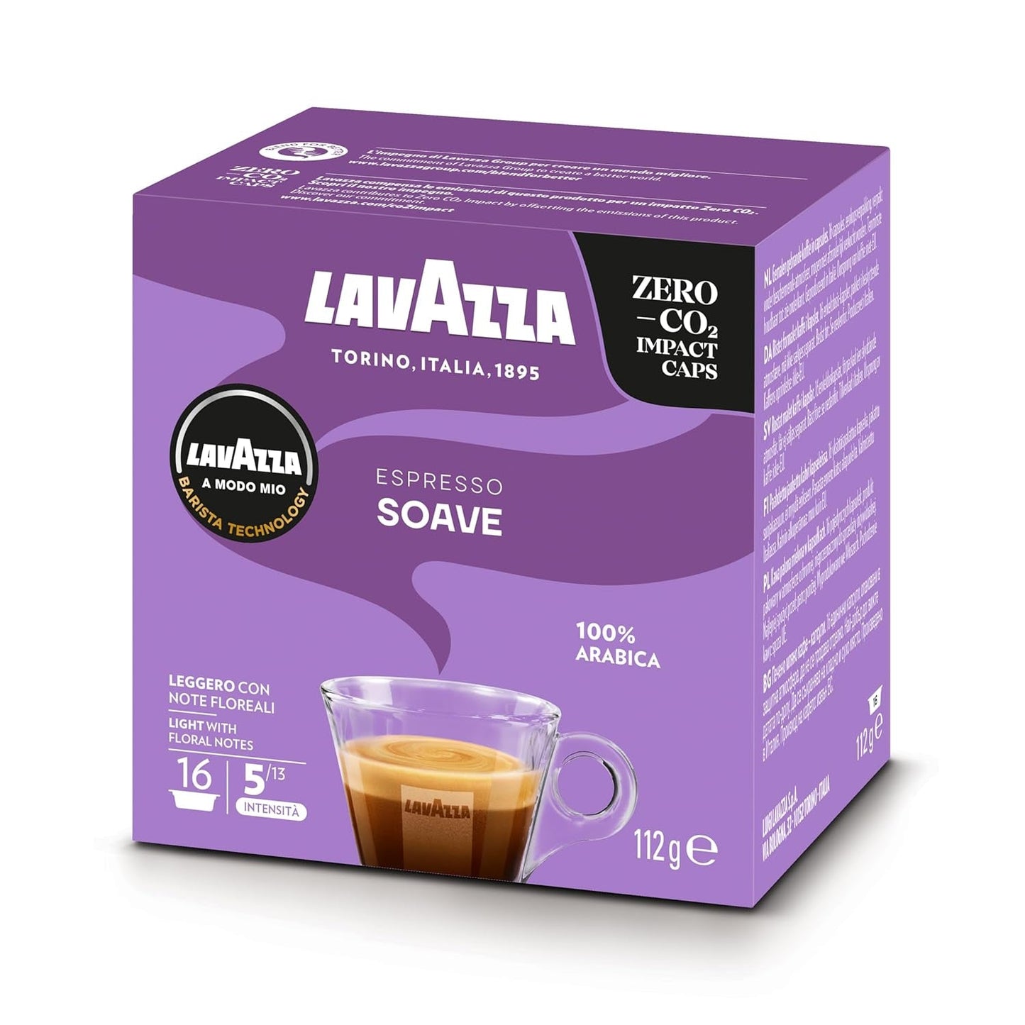 Lavazza, A Modo Mio Soave 256 Kaffeekapseln, für einen leichten und eleganckien Espresso mit aromaticschen Noten von Blumen, 100% Arabica, Intensität 5/13, średni Röstung, 16 Packungen mit je 16