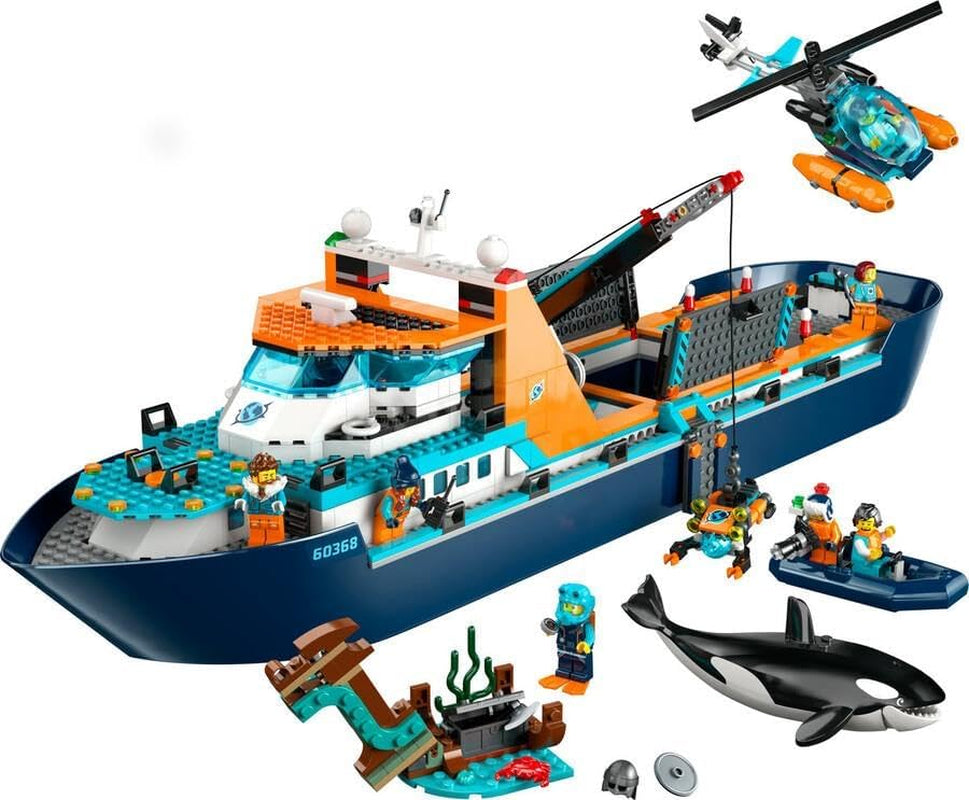 LEGO City Arktyczny statek badawczy, duża pływająca łódź zabawkowa z helikopterem, ponton, łódź podwodna Rov, wrak Wikinga, 7 minifigurek i figurka orki, prezent dla dzieci w wieku od 7 lat 60368 Zestawy do budowania Kup w sklepie LEGO