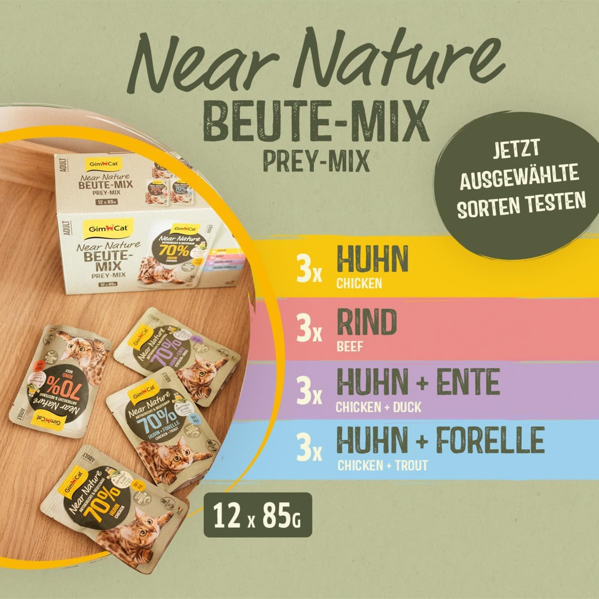 GimCat Near Nature Trial Mix 12 Pack - Mokra karma bezzbożowa dla kotów od 7 miesiąca życia, z recepturą dostosowaną do gatunku i specyficzną dla ofiary - 12 saszetek (12 x 85g)
