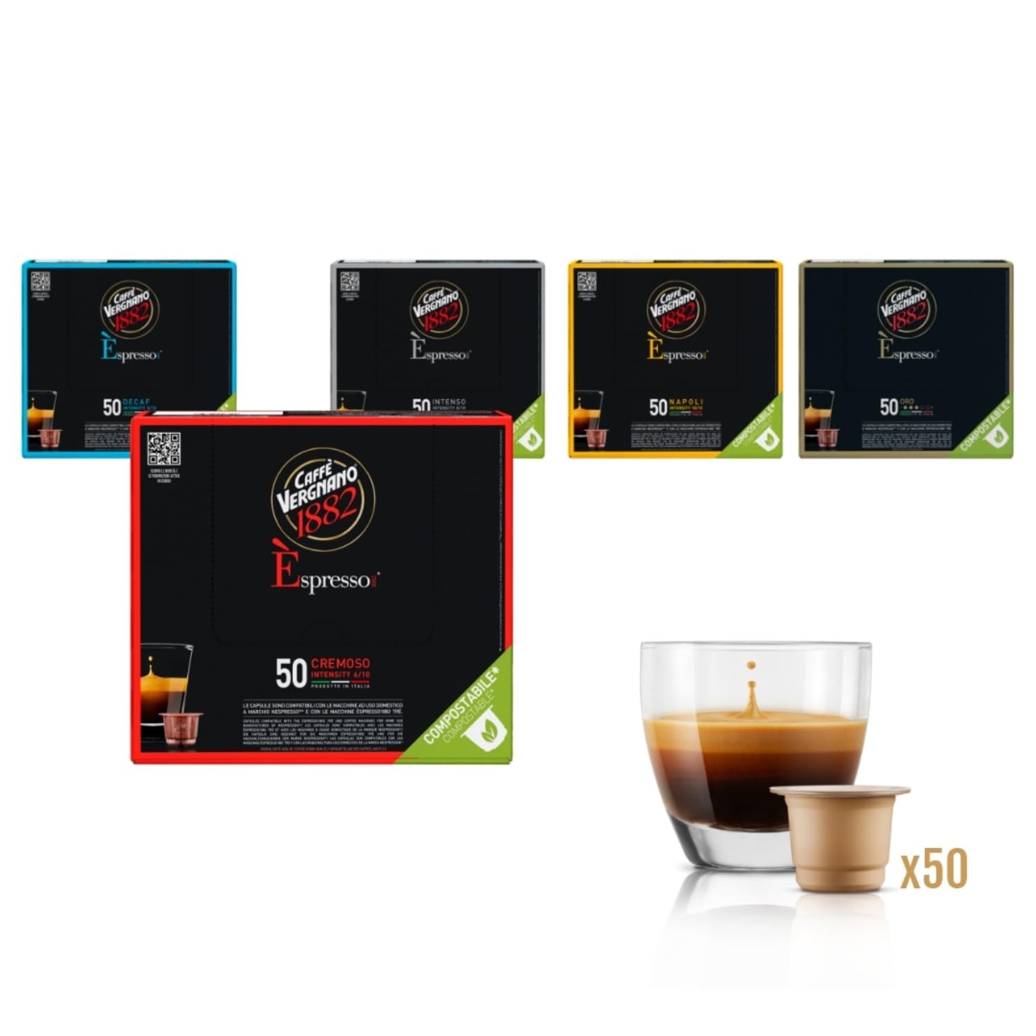 Caffè Vergnano 1882 - Èspresso Kompostierbare Kaffeekapseln, Kompatybilny z Nespresso, Cremoso (kremowy) - Packung Enthält 50 Kapseln