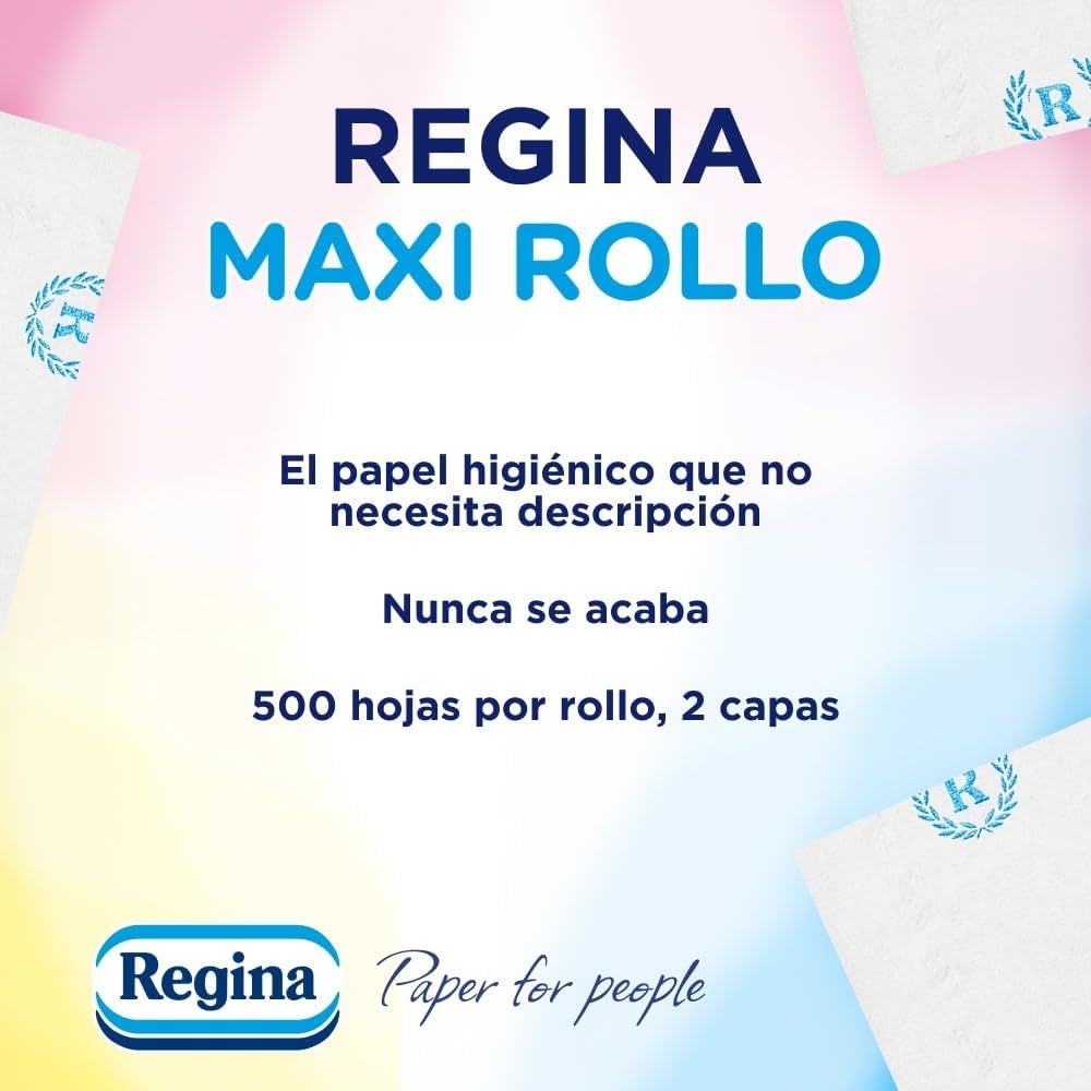 Regina Maxi Roll - 4 rolki papieru toaletowego, 500 2-warstwowych arkuszy w rolce, ponad trzykrotność standardowej rolki, opakowanie z tworzywa sztucznego w 60% pochodzące z recyklingu, 100% papier z certyfikatem Fsc
