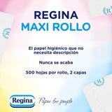 Regina Maxi Roll - 4 rolki papieru toaletowego, 500 2-warstwowych arkuszy w rolce, ponad trzykrotność standardowej rolki, opakowanie z tworzywa sztucznego w 60% pochodzące z recyklingu, 100% papier z certyfikatem Fsc