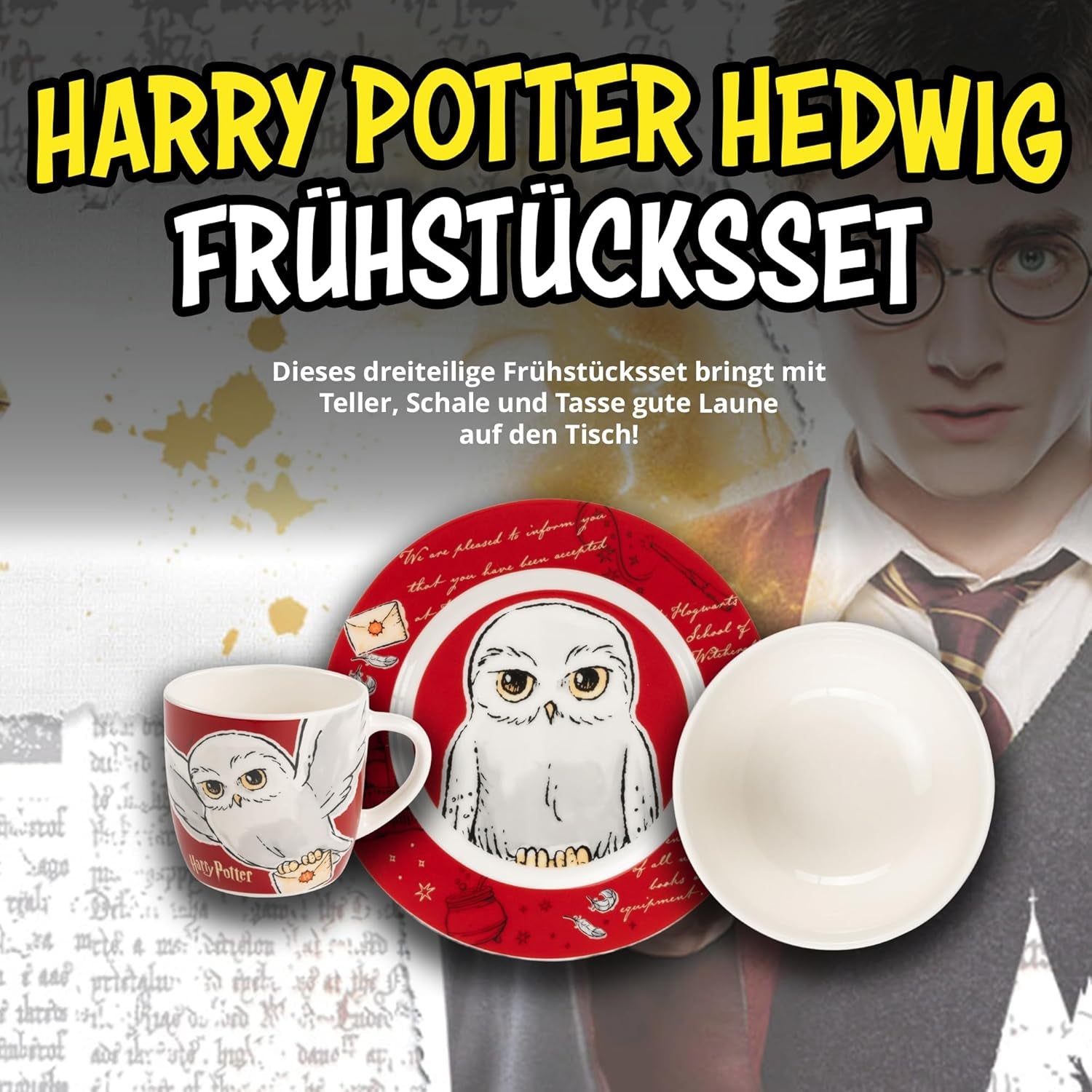 3-częściowy zestaw zastawy stołowej Harry Potter w kolorze czerwonym, porcelanowy zestaw śniadaniowy z talerzem Ø 19 cm, kubkiem 220 ml i miską 330 ml, kompletem zastawy stołowej