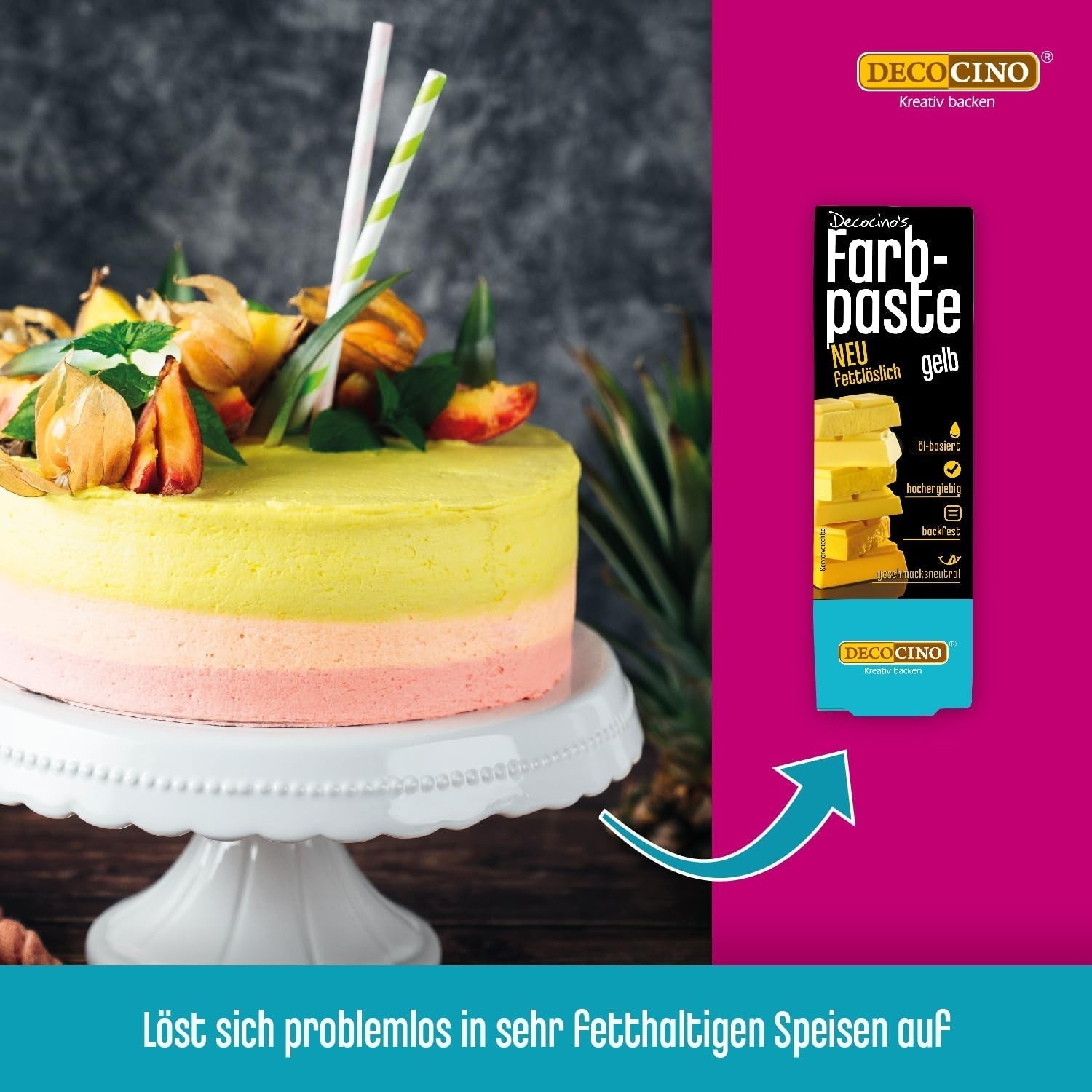 DECOCINO Żółta pasta koloryzująca rozpuszczalna w tłuszczach - 15 g - Barwnik spożywczy na bazie oleju, idealny do barwienia czekolady, kremu maślanego, ciasta na fondant lub ciasteczka