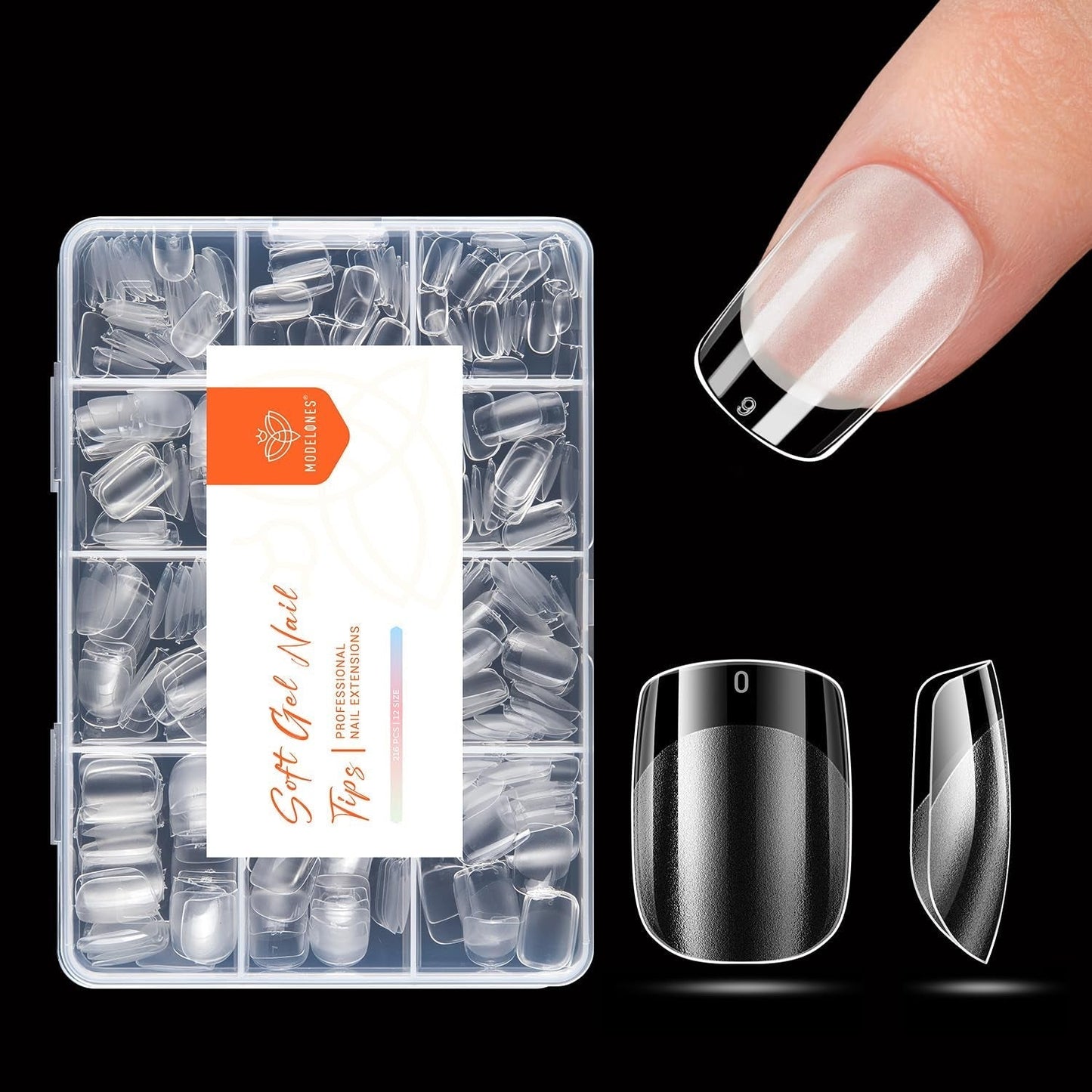 Modelones Tipsy 216 sztuk - Zestaw Full Cover Tips, Zestaw miękkich Tipsów żelowych, Wstępne polerowanie Tipsów z żywicy PMMA, DIY Klej na sztucznych paznokciach, Krótkie Migdały XS