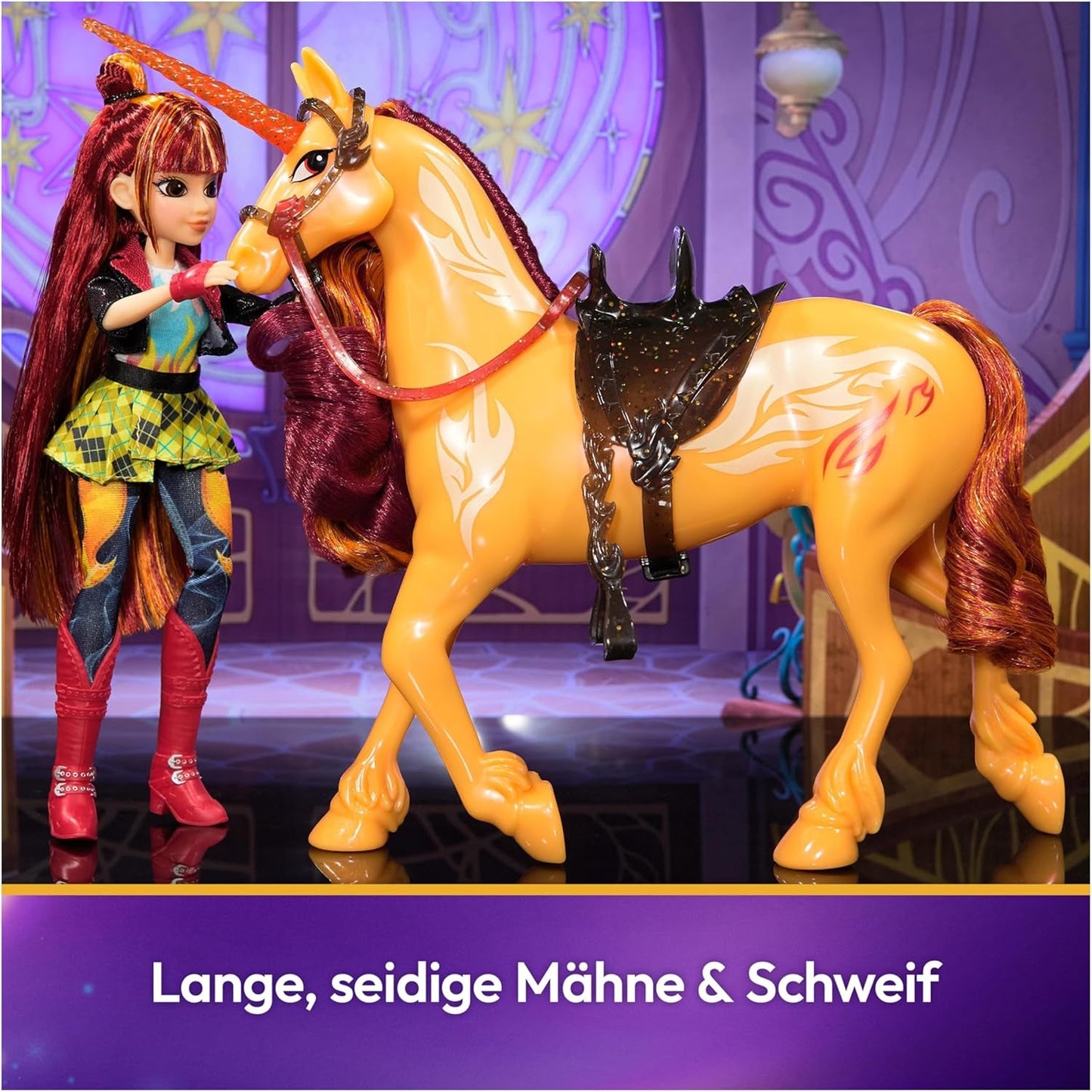 Unicorn Academy Cinder the Unicorn - oryginalny jednorożec Valentina z serialu Netflix o wysokości 28 cm, z prawdziwą grzywą i ogonem, zdejmowaną uzdą oraz siodłem i szczotką, dla dzieci od 4 roku życia