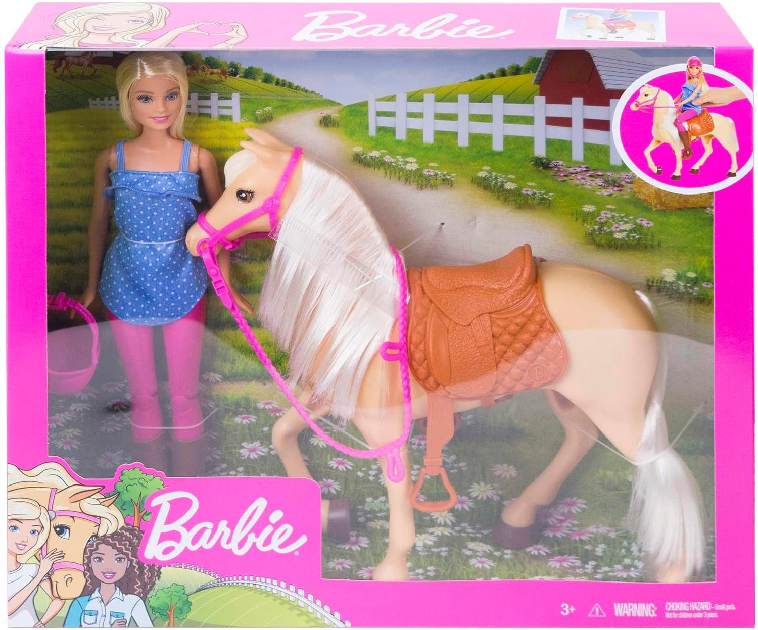 Lalka Barbie i zabawka w kształcie konia, akcesoria do jazdy konnej, zawiera 1 lalkę i 1 konia, nadaje się na prezent dla dzieci w wieku 3 lat i starszych, FXH13