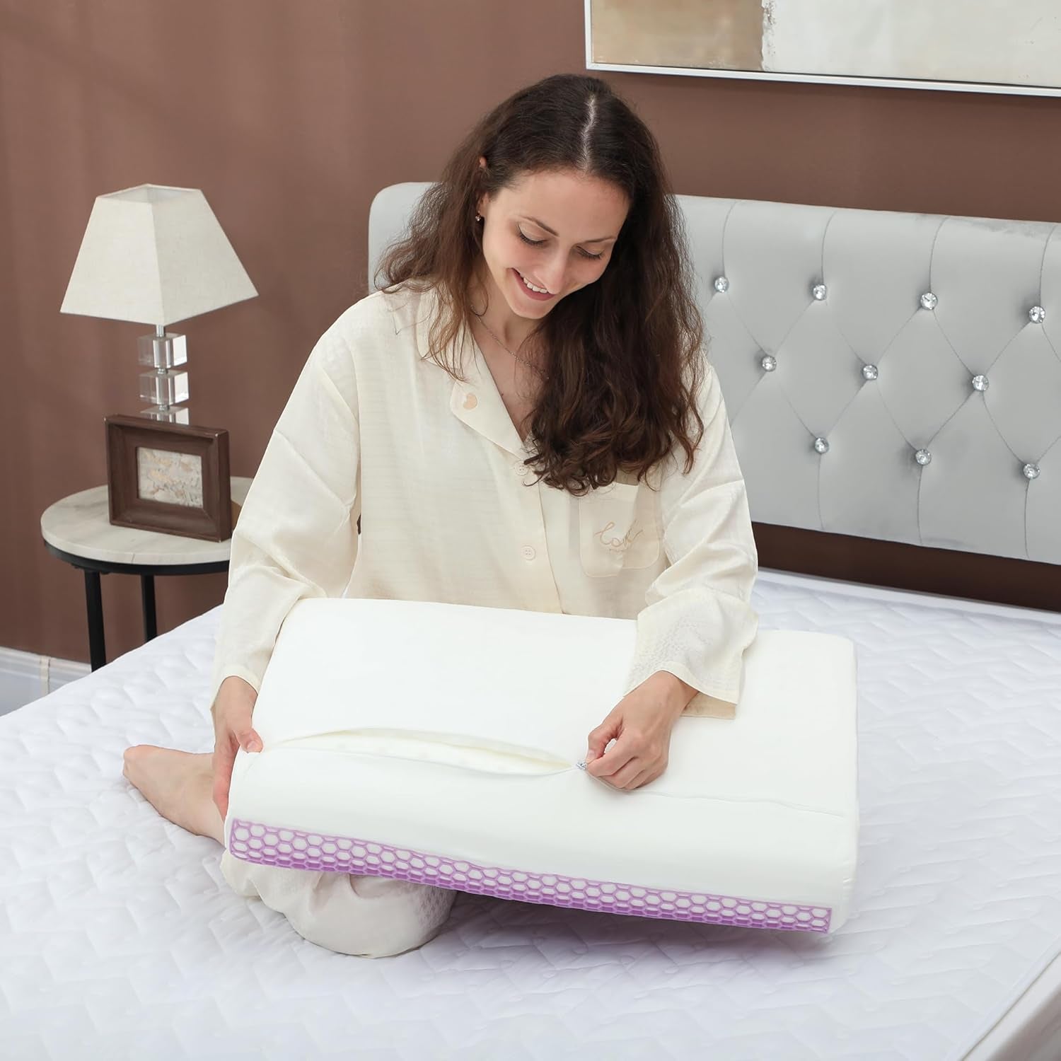 HOMCOM Poduszka z pianki Memory Poduszka podtrzymująca szyję ze zdejmowanym pokrowcem Wysokość 2 Ergonomiczna poduszka pod szyję 2S do różnych pozycji spania 60x40cm Kremowo-biała