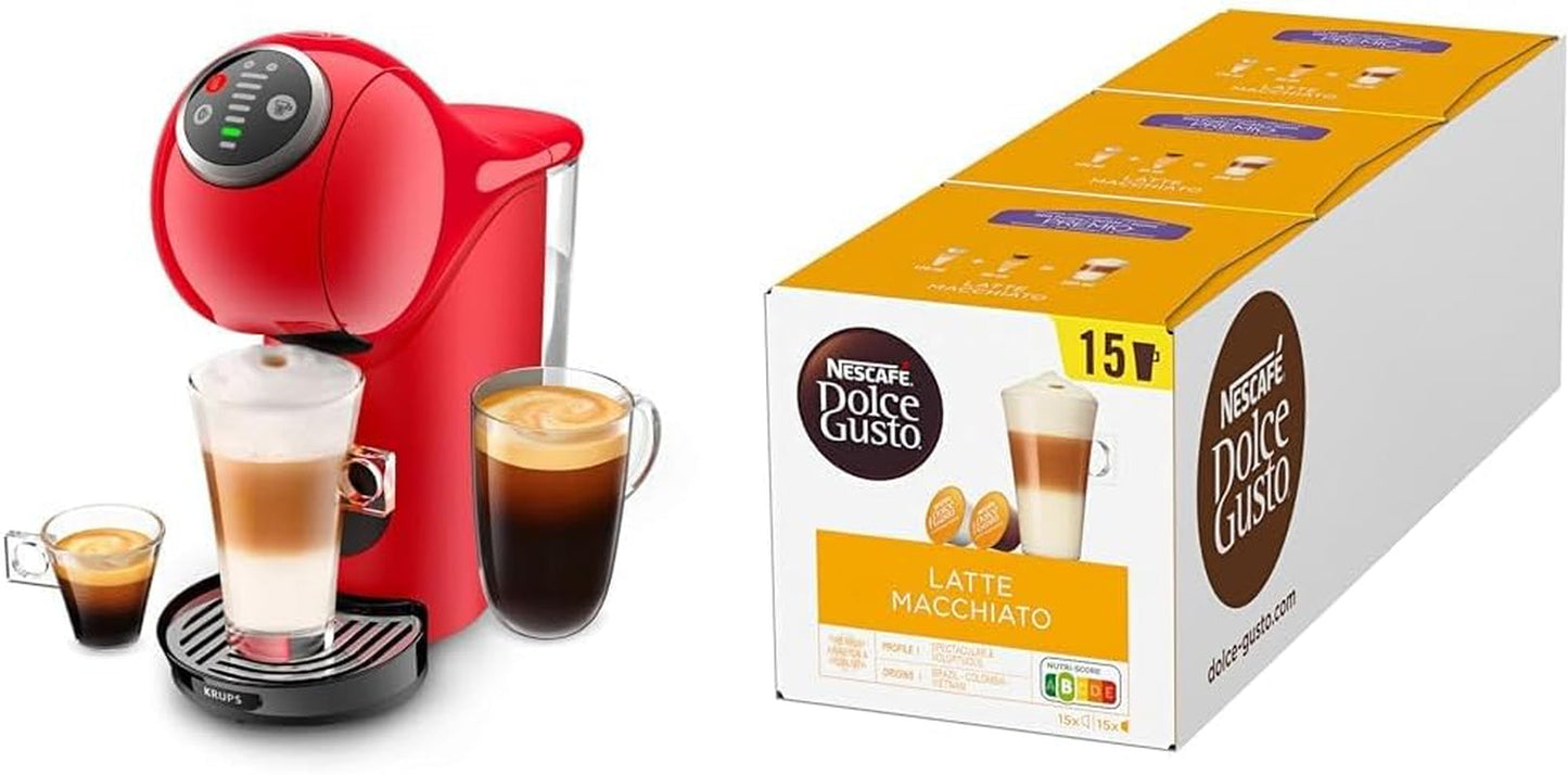 NESCAFÉ DOLCE GUSTO Krups KP3405 Genio S Plus Maszyna do kapsułek | Zwiększenie espresso, ciśnienie pompy 15 barów | Zbiornik na wodę 0,8 l | 1500 watów | Kolor czerwony z latte macchiato