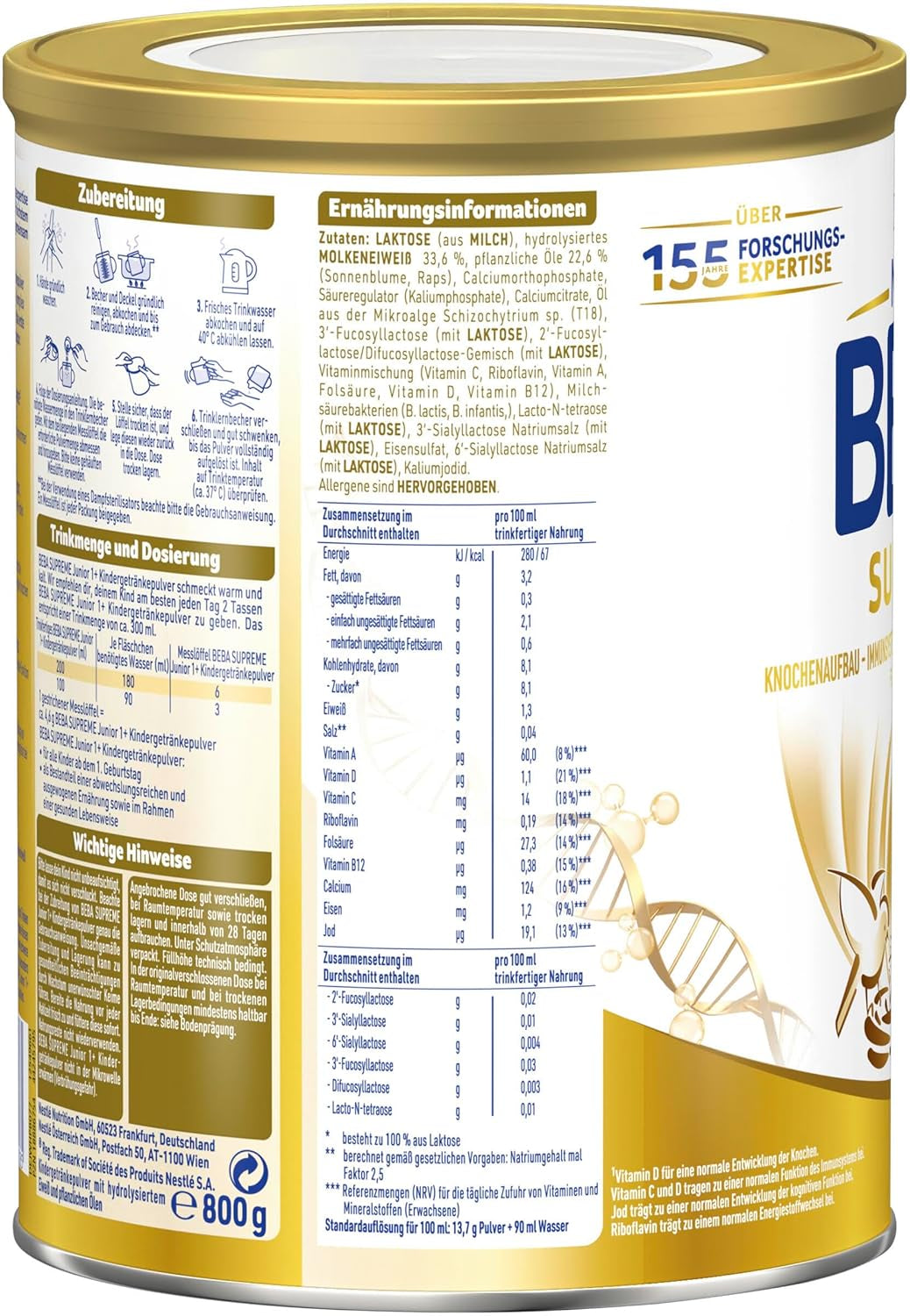 BEBA SUPREME JUNIOR 1 Plus - Napój dla dzieci od 1 roku, z kompleksem 6 HMO, bez laktozy, bez oleju palmowego, bez oleju rybnego, żywność dla małych dzieci, mleko w proszku dla niemowląt, opakowanie 6 szt. (6 x 800g)