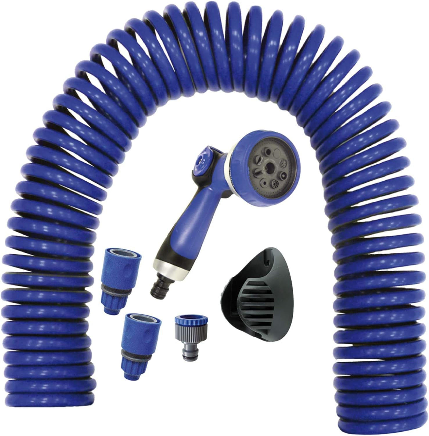 590078 – Zestaw węża spiralnego, niebieski, 15 metrów (średnica 9 mm) + pistolet wielofunkcyjny z 8 dyszami + automatyczny gwint wewnętrzny z adapterem ¾-½ + 2 szybkozłączki + uchwyt do zawieszania