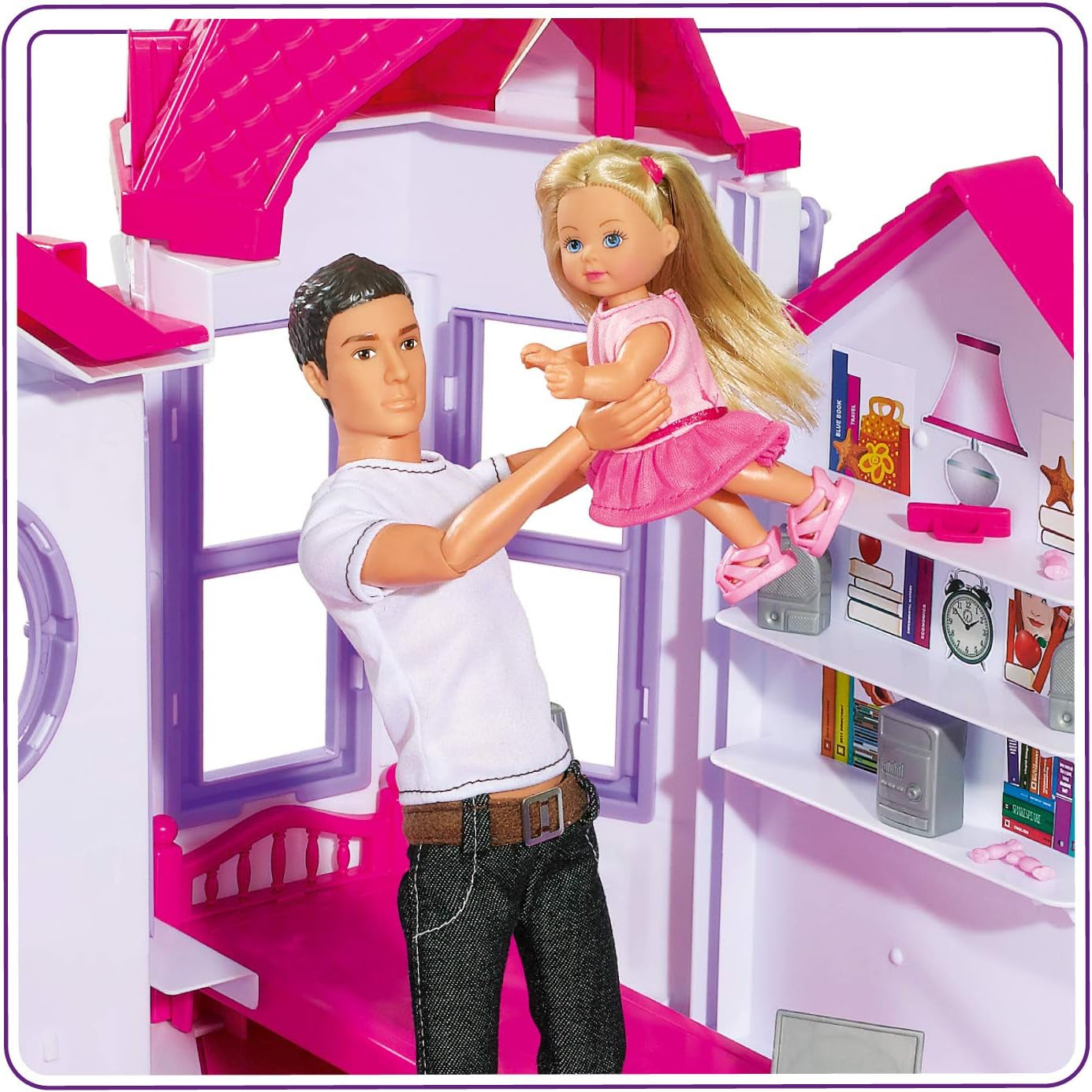 Simba 104661996 - Steffi Love Dreamhouse, duży domek do zabawy, 4 pokoje, BEZ LALEK, wysokość 84 cm, dwa poziomy, funkcjonalny dzwonek, składane domki dla lalek Naty Shop