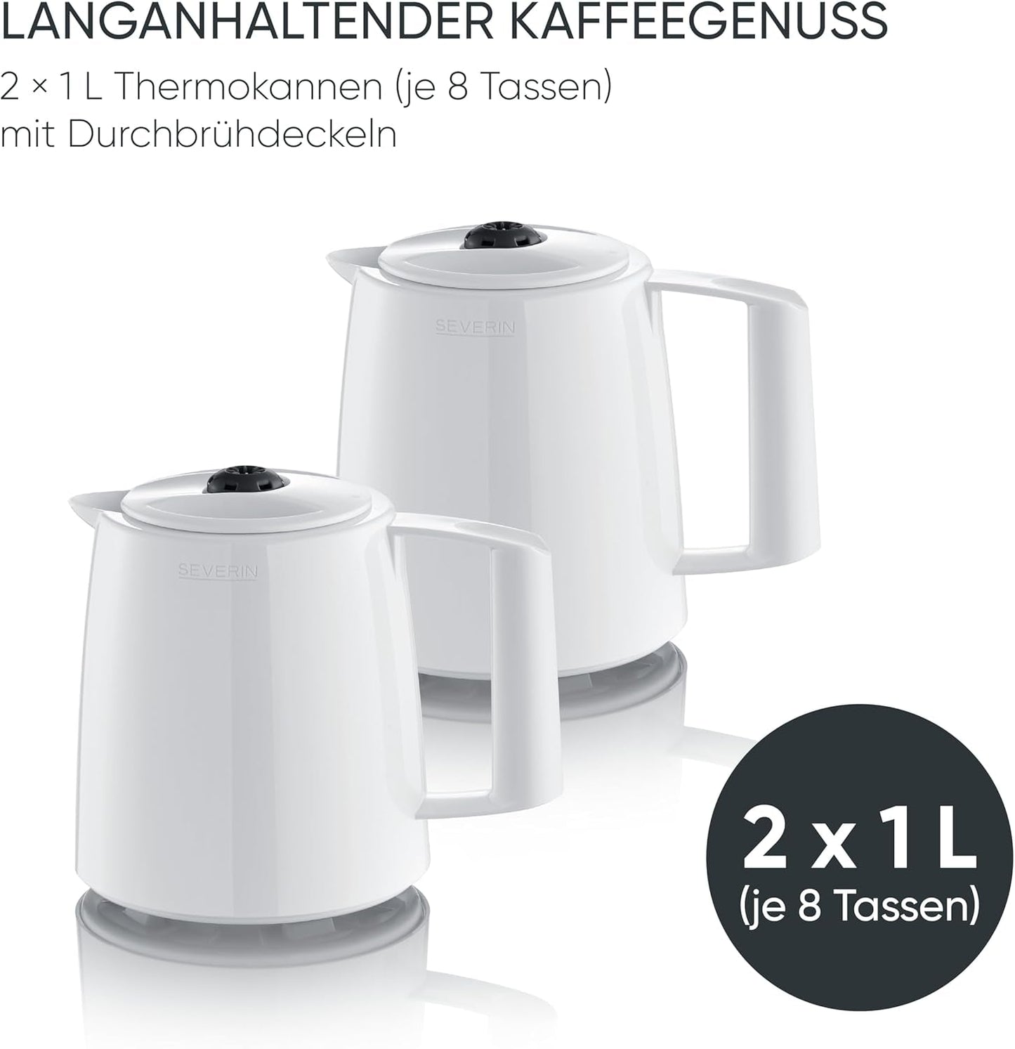Ekspres Severin z filtrem i 2 karafkami termicznymi, ekspres do kawy z pokrywką, nalewanie bez kapania, długie utrzymywanie temperatury, automatyczne wyłączanie, 1000 W, ok. 1 litr, biały, KA 9309