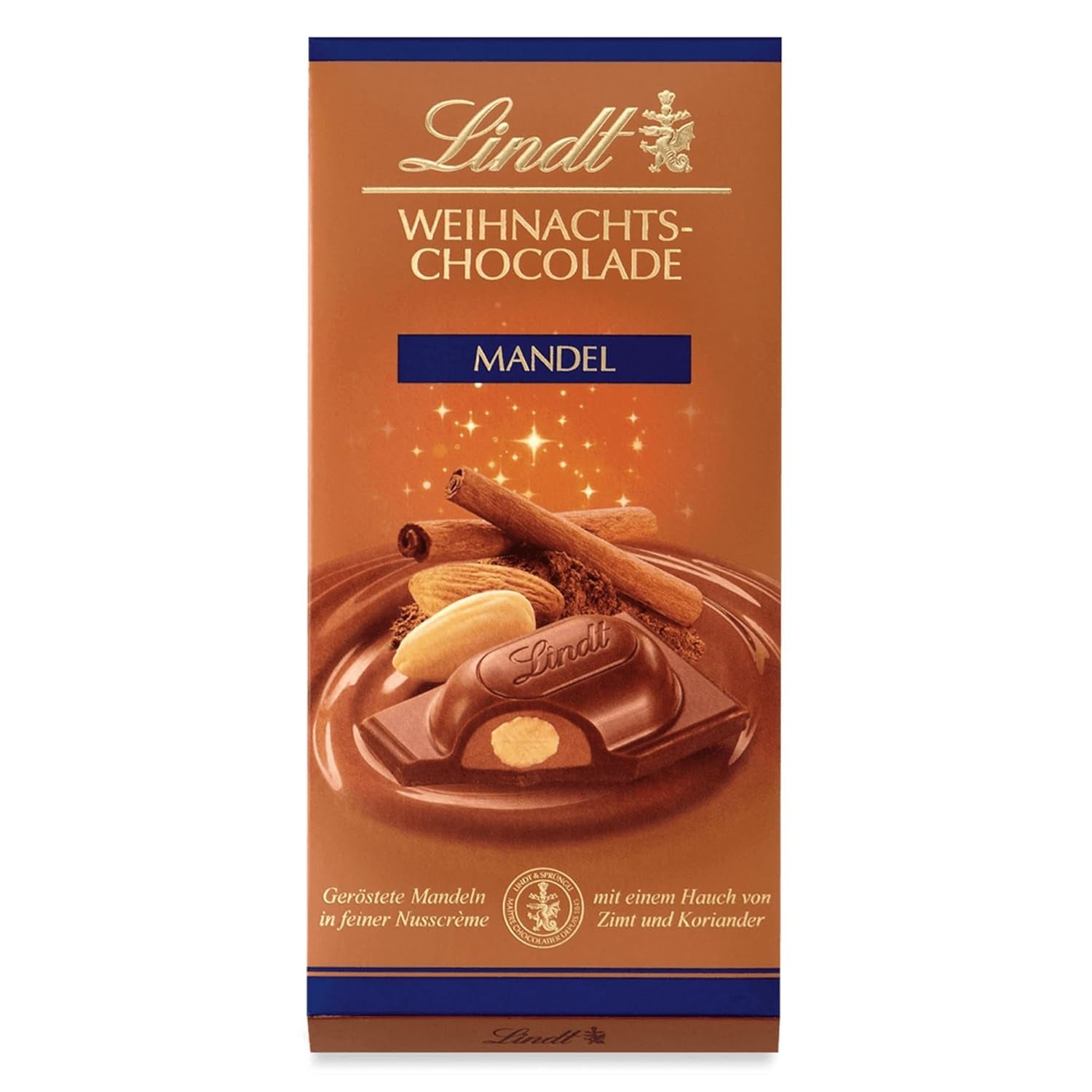 Lindt Świąteczny batonik czekoladowy z migdałami | 100 g | Migdały w kremie orzechowym oblane najlepszą mleczną czekoladą | Świąteczny prezent czekoladowy