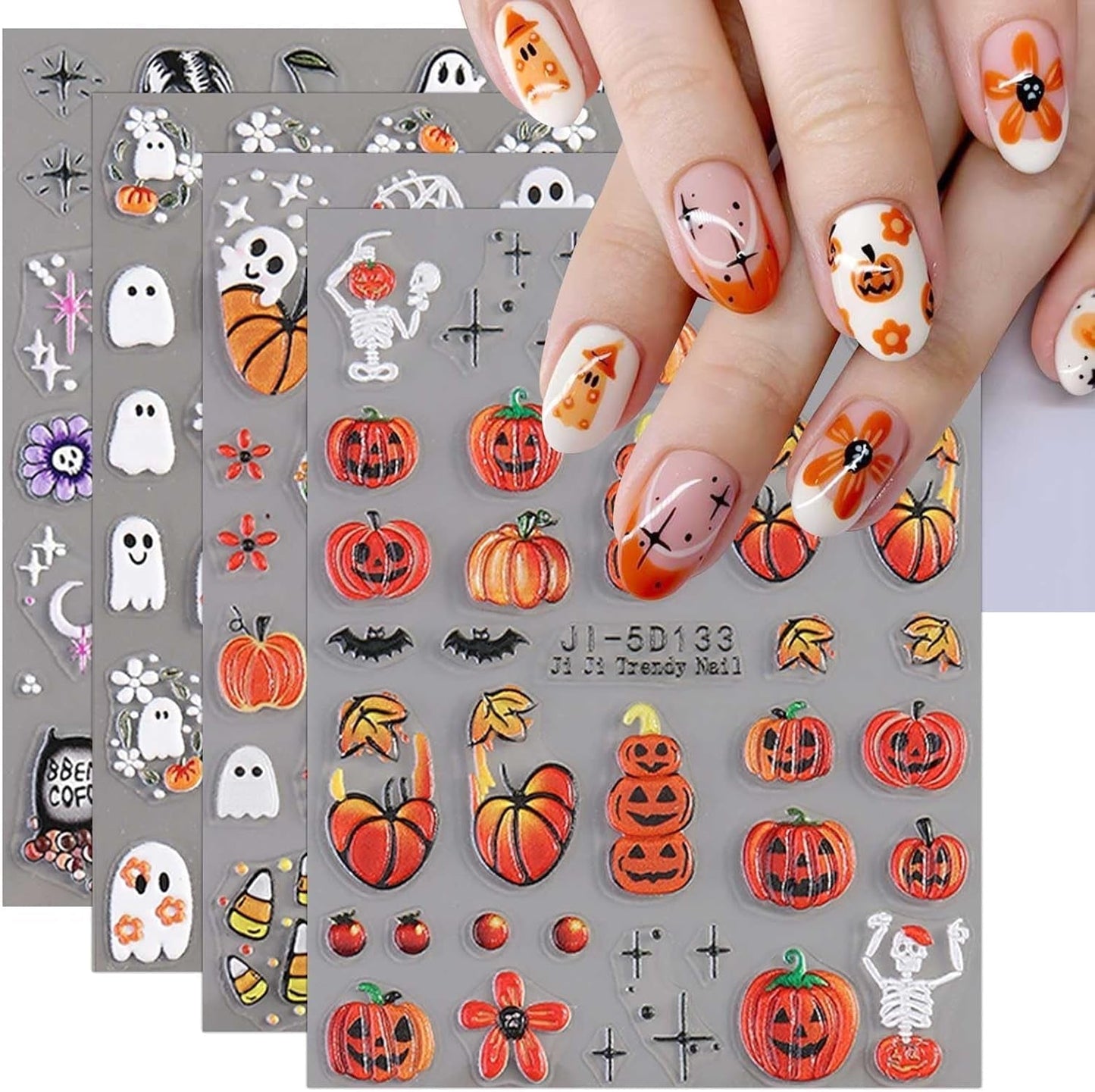 JMEOWIO 3D Nagelsticker Halloween Nail Art Naklejka Selbstklebend Nagelaufkleber 5D Stereoskopisch Süßer Geisterkürbis Dekoration Nageldesign Zubehör 4 Blatt