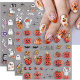 JMEOWIO 3D Nagelsticker Halloween Nail Art Naklejka Selbstklebend Nagelaufkleber 5D Stereoskopisch Süßer Geisterkürbis Dekoration Nageldesign Zubehör 4 Blatt