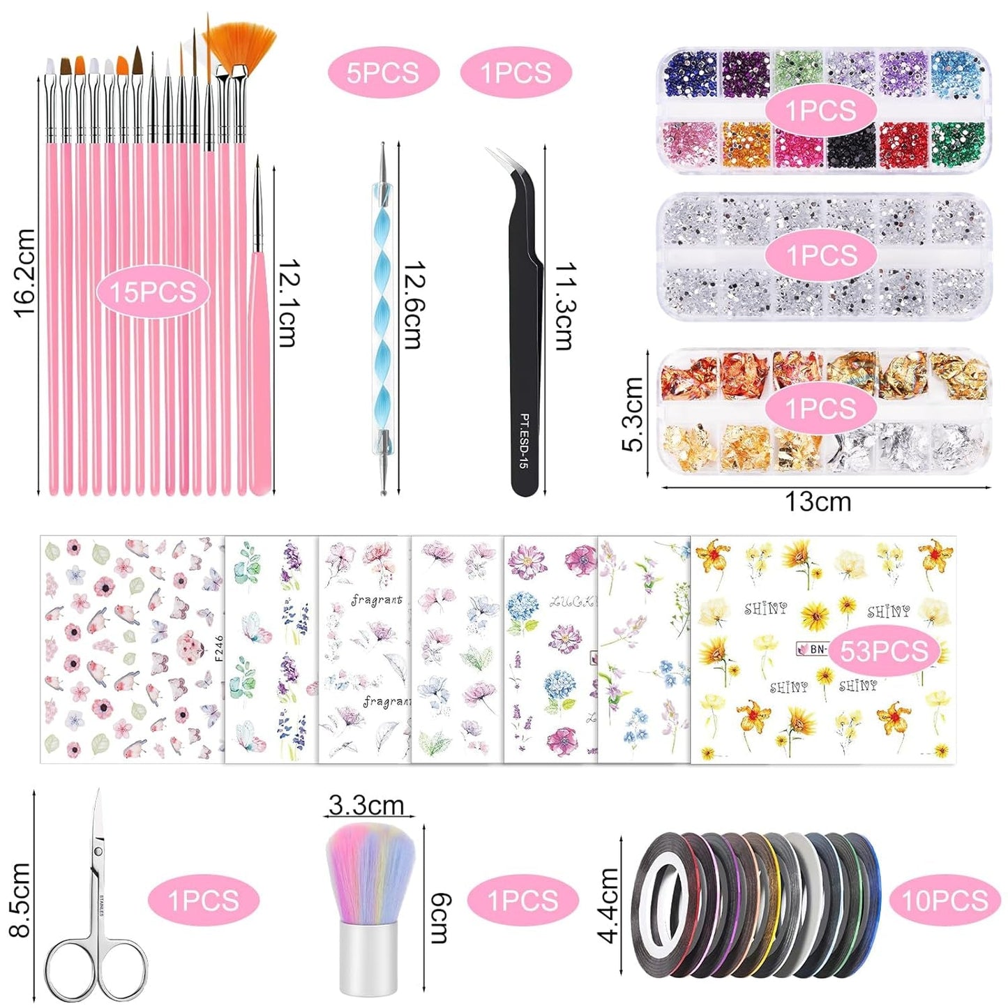 53 Blätter Nagelsticker, zestaw Nail Art Pinsel i Dekorationen, 15 szt. Pinsel, 5 szt. długopisów z kropkami, Strasssteine, Blattgold Für Nagelkunst, Nagel Pailletten, Nagelkunstwerkzeuge Und Dekorationssets