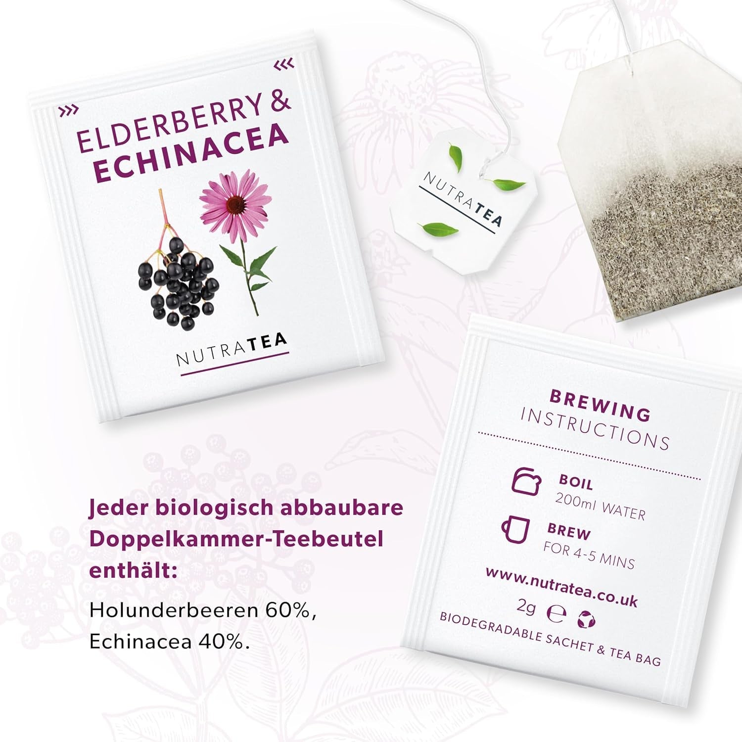 Nutra Tea Herbata z czarnego bzu i echinacei, Herbata na odporność i przeziębienie, Herbata wspomagająca odporność, Walka z przeziębieniem, 20 torebek na herbatę wielokrotnego użytku, Naturalna herbata ziołowa