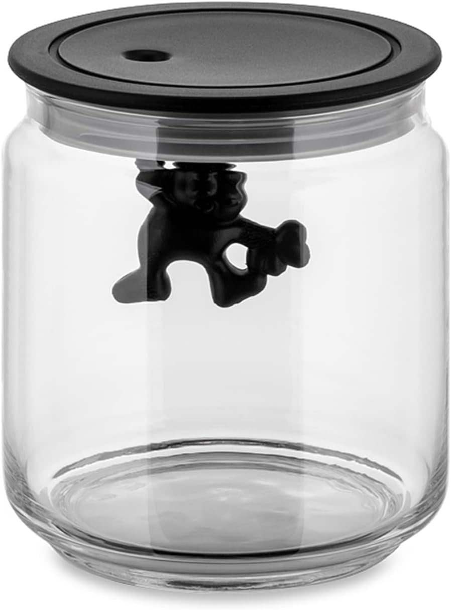 Alessi „Gianni” Szklany słoik kuchenny z uszczelką, żywica termoplastyczna, czarny, 27,5 x 13,5 x 28 cm Pudełka do przechowywania żywności Naty Shop Glass, czarny 12 cm