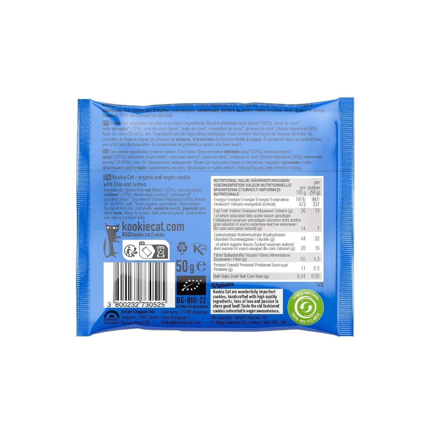 Chia i cytryna - pojedynczo pakowane wegańskie ciasteczka, bezglutenowe, bez soi, organiczne, z orzechami nerkowca i owsa - opakowanie zbiorcze 12 x 50 g
