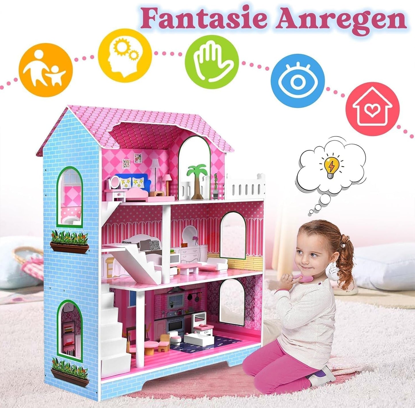 HENGMEI Puppenhaus Kinder Holz Puppenvilla Zestaw domków dla lalek Mädchen Spielset 3 Etagen Haus mit Möbeln und Zubehör, 70x30x100cm Puppenhäuser für Kinder (typ B)