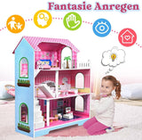 HENGMEI Puppenhaus Kinder Holz Puppenvilla Zestaw domków dla lalek Mädchen Spielset 3 Etagen Haus mit Möbeln und Zubehör, 70x30x100cm Puppenhäuser für Kinder (typ B)