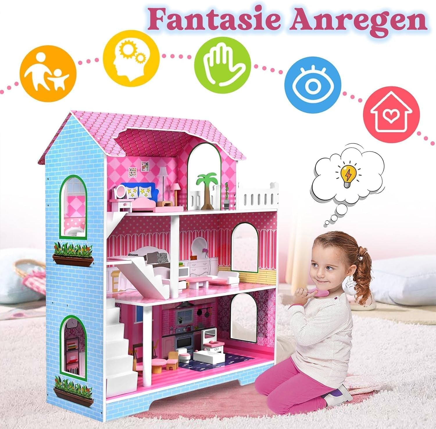 HENGMEI Puppenhaus Kinder Holz Puppenvilla Zestaw domków dla lalek Mädchen Spielset 3 Etagen Haus mit Möbeln und Zubehör, 70x30x100cm Puppenhäuser für Kinder (typ B)