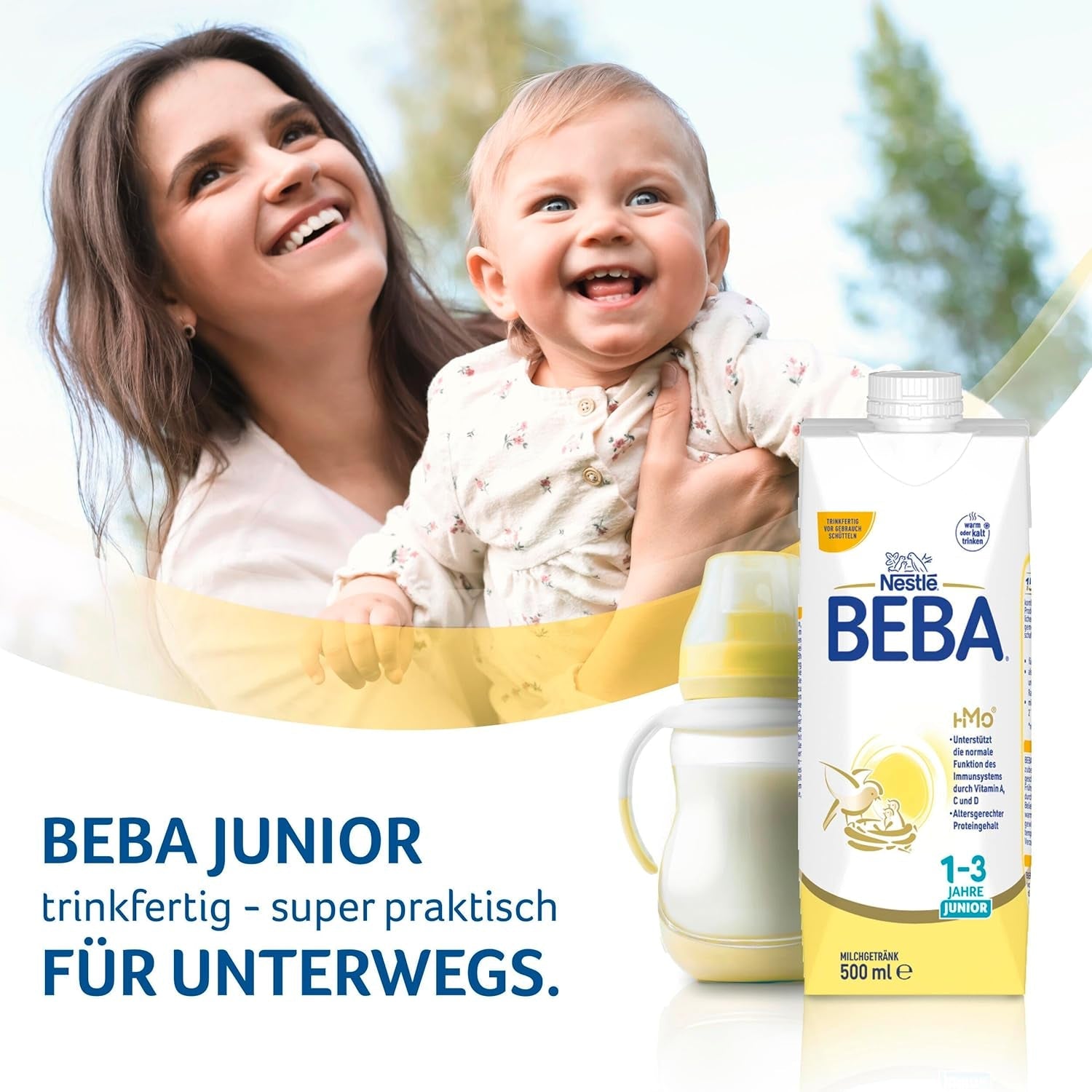 BEBA Junior Gotowy do spożycia napój mleczny dla dzieci 1-3 lat, z HMO, zawartość białka dostosowana do wieku, bez oleju palmowego, bez oleju rybnego, żywność dla małych dzieci, opakowanie 12 szt. (12 x 500 ml)