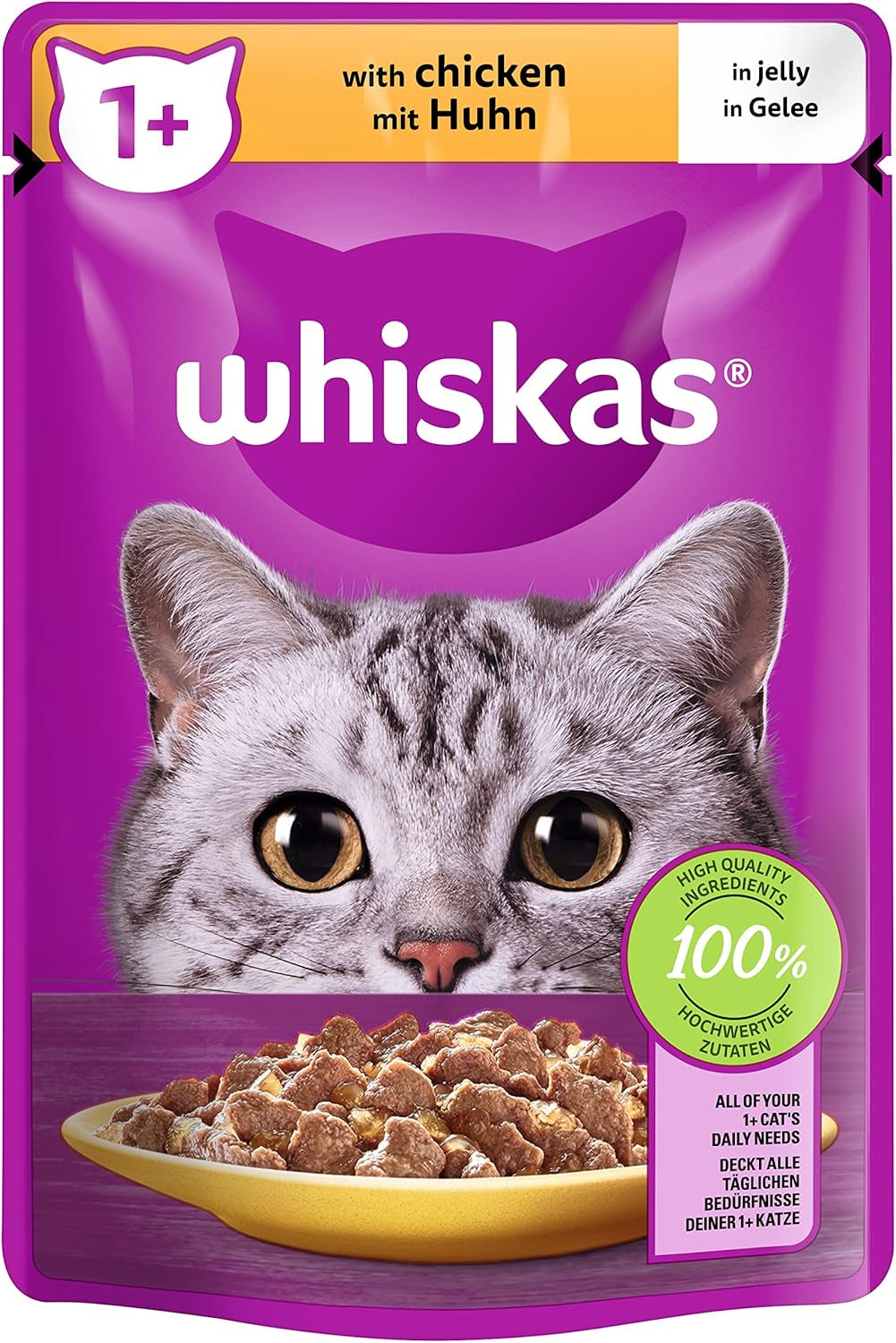 Whiskas 1+ mokra karma dla kotów z kurczakiem w galarecie, 28x85g (1 opakowanie) - Wysokiej jakości mokra karma dla dorosłych kotów w 28 saszetkach