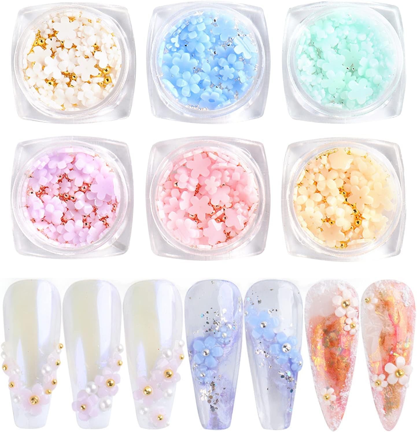 6 pudełek 3D Flower Nagelkunst Charms, akrylowy kwiat Nagel Strass Mit Gold i Silberperlen Ozdoben, Nagel Edelsteine, Nagel Zubehör Für Mädchen, Frauen, DIY Nageldesign, Basteldekoration…