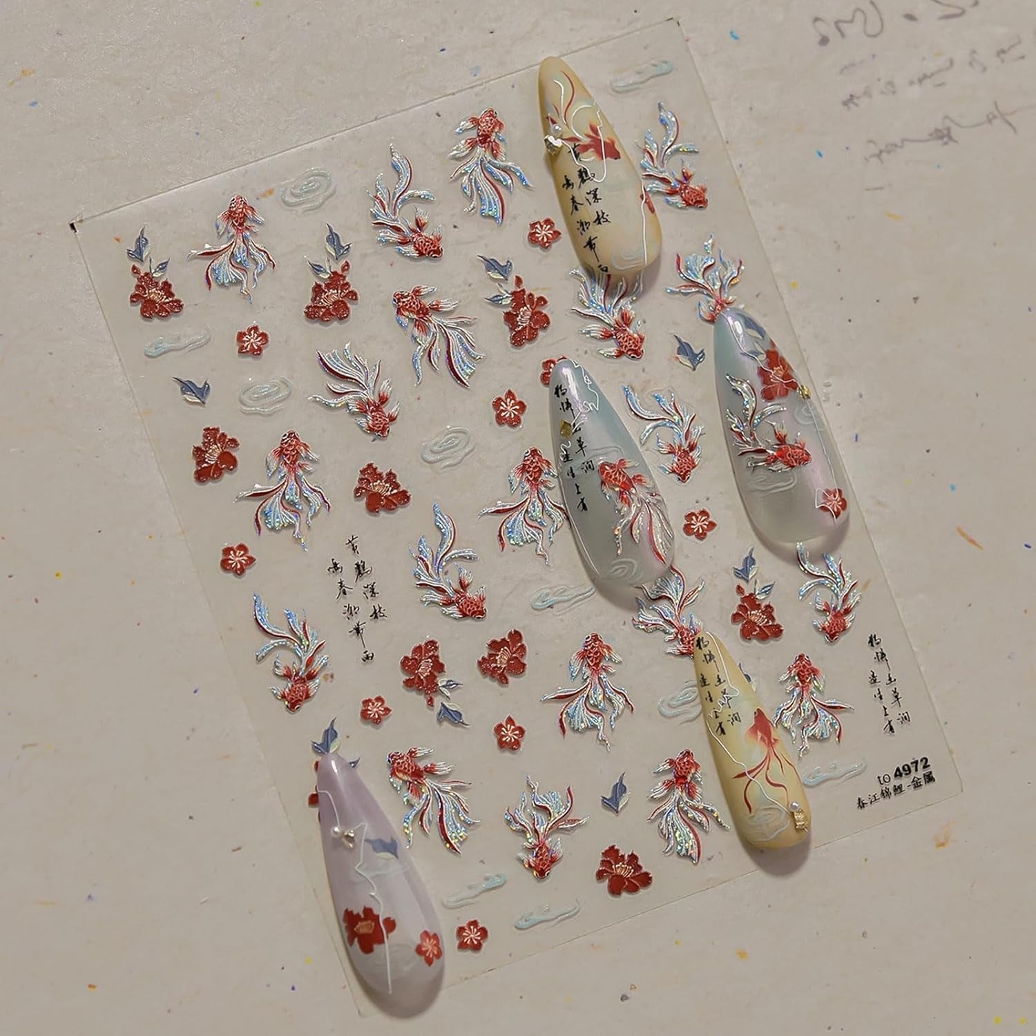 JMEOWIO 3D Nagelsticker Koi Fisch Nail Art Naklejka Selbstklebend Nagelaufkleber 5D Stereoskopisch Dekoration Nageldesign Zubehör 1 Blatt
