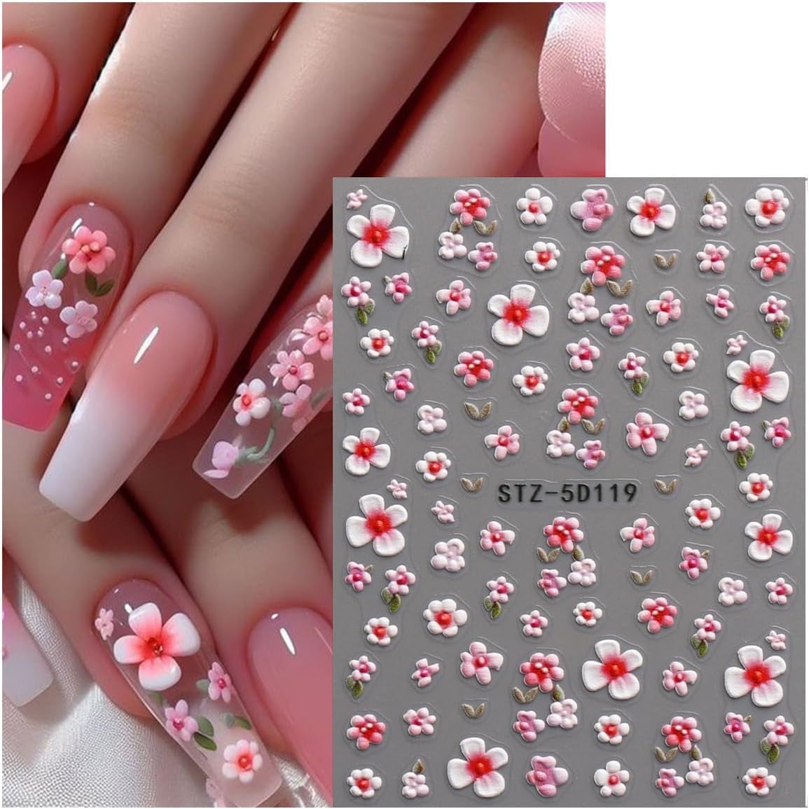 JMEOWIO 3D Nagelsticker Blume Nail Art Naklejka Selbstklebend Nagelaufkleber 5D Stereoskopisch Frühling Letnia dekoracja kwiatowa Nageldesign Zubehör 4 Blatt