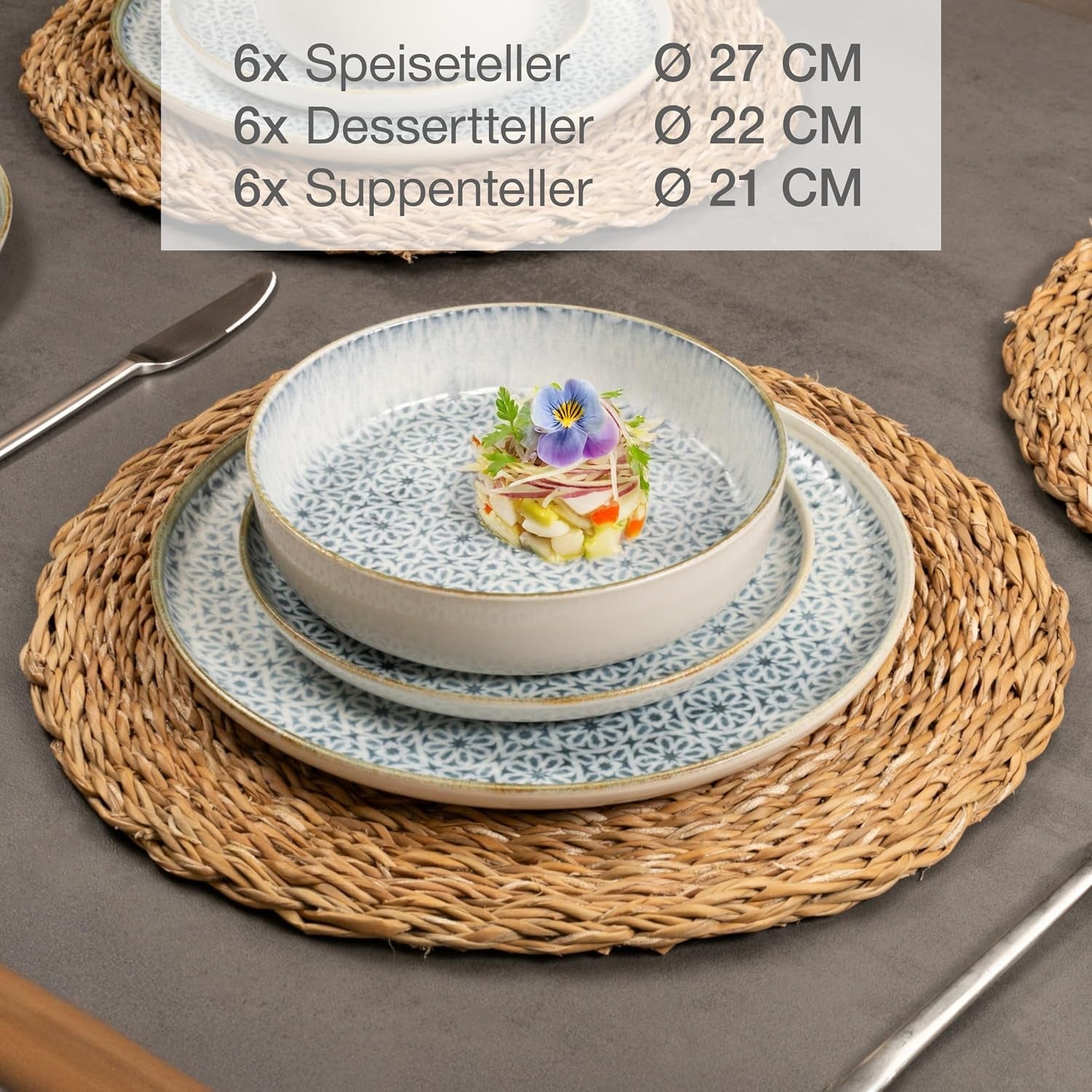 Zestaw naczyń obiadowych Moritz & Moritz ALHAMBRA na 6, 18 sztuk, wysokiej jakości porcelana - Nowoczesne niebieskie naczynia stołowe - Zestaw łatwy w pielęgnacji Zawiera 6 talerzy obiadowych, 6 talerzy deserowych i 6 misek