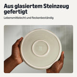 Zestaw naczyń obiadowych z kamionki glazurowanej Amazon Basics, 18 sztuk, 6 kompletnych zestawów, można myć w zmywarce, kość słoniowa
